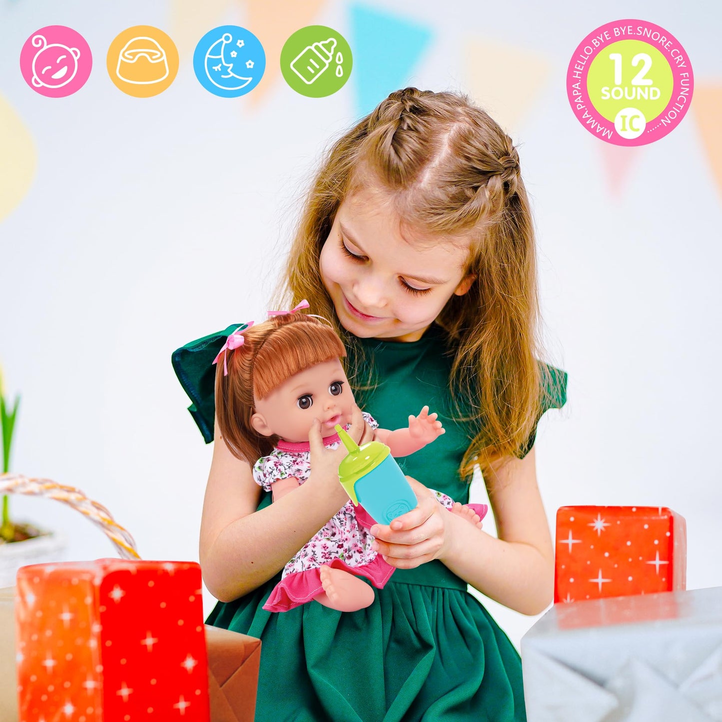 Baby Doll Toys Set, 14" Doll Toys, 25Pcs Dolls Care Toy Playset, Toddlers Toy Dolls Set Incl Cradle Crib, High Chair, Milk Bottle, Pacifier, Diaper, Baby Gift for Age 3 4 5 6+ Years Old Girls Boys