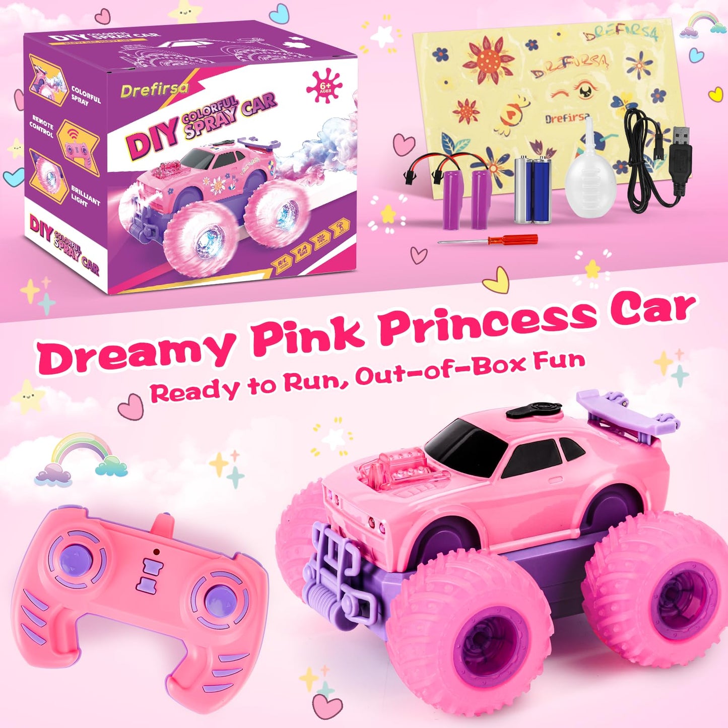 Drefirsa Princess Remote Control Car for Girl, Pink Monster Truck with DIY Sticker, Headlight, Colorful Wheel Light, Rotation, Spin and Spray, Toy Car for Girl 3 4 5 6 7 8 Year Old Birthday Gift