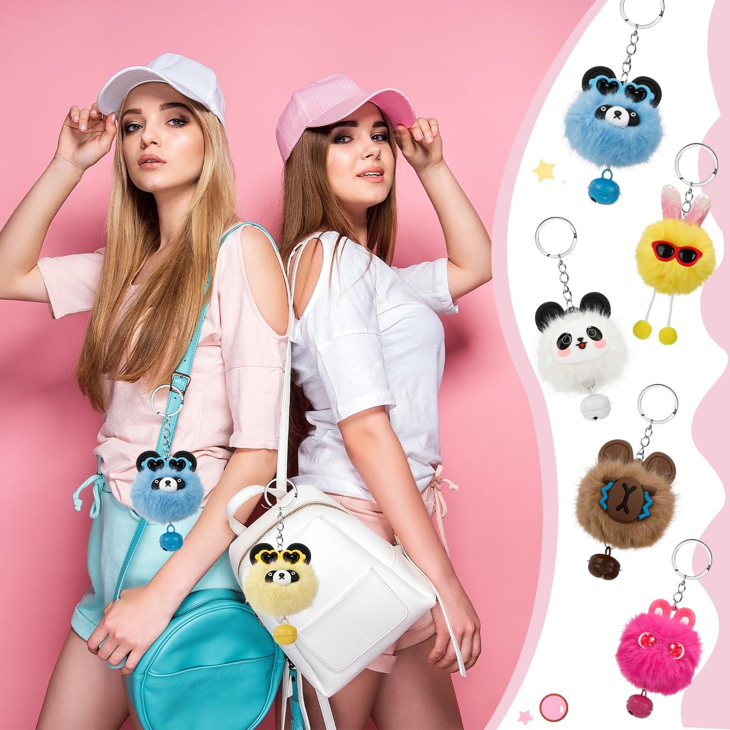 Equsion 48 Pcs Kawaii Keychains Bulk Cute Plush Keychains Fluffy Pompoms Balls with Tassels and Keyrings Key Chain Kawaii Party Favors for Birthday Goodie Bags Piñata Prizes(Funny)