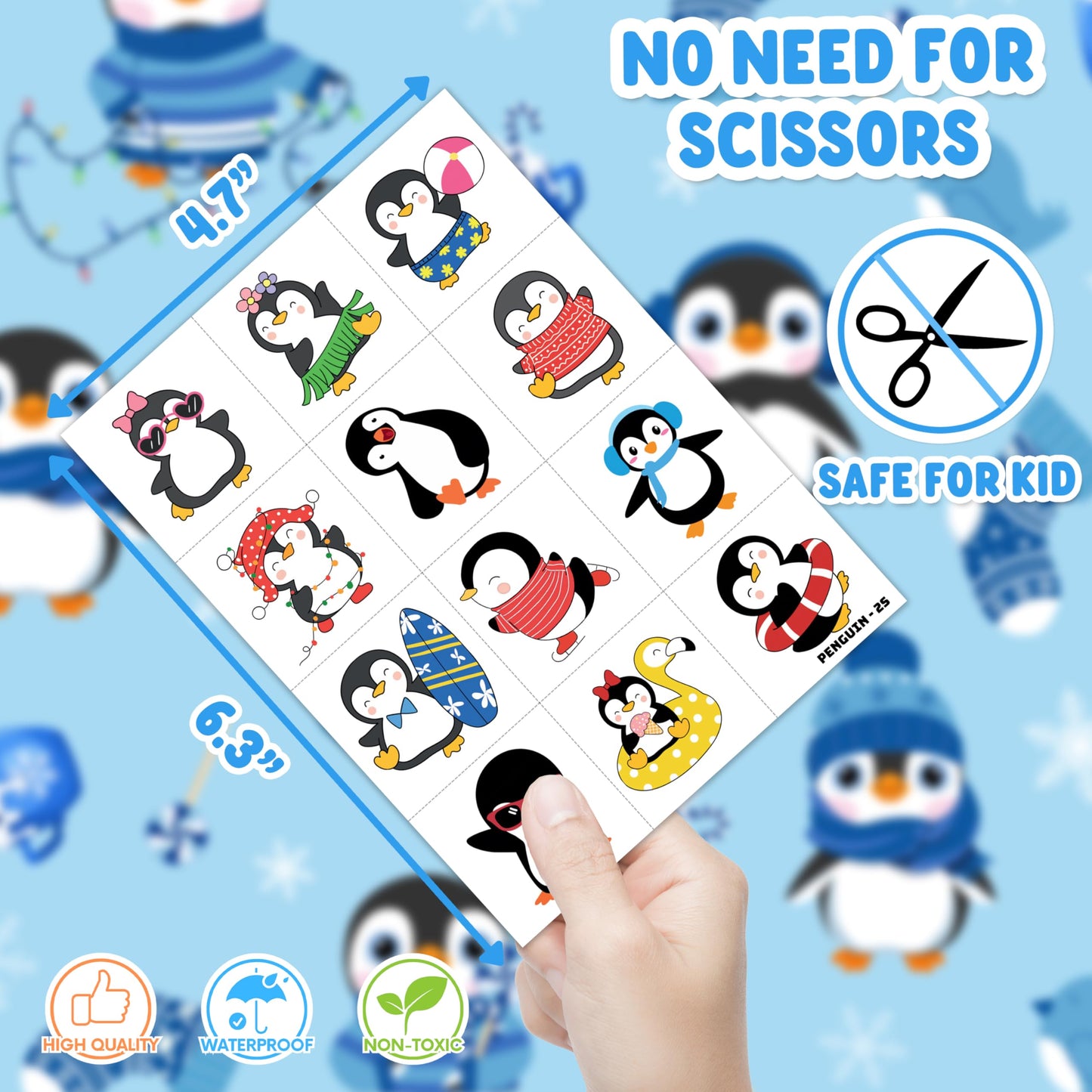 48PCS Penguin Party Favors - 24 Temporary Tattoos + 24 Stick Hands - Perfect Birthday Favors, Goodie Bag Stuffers, Treasure Box Toys, Classroom Prizes, and Student Gifts