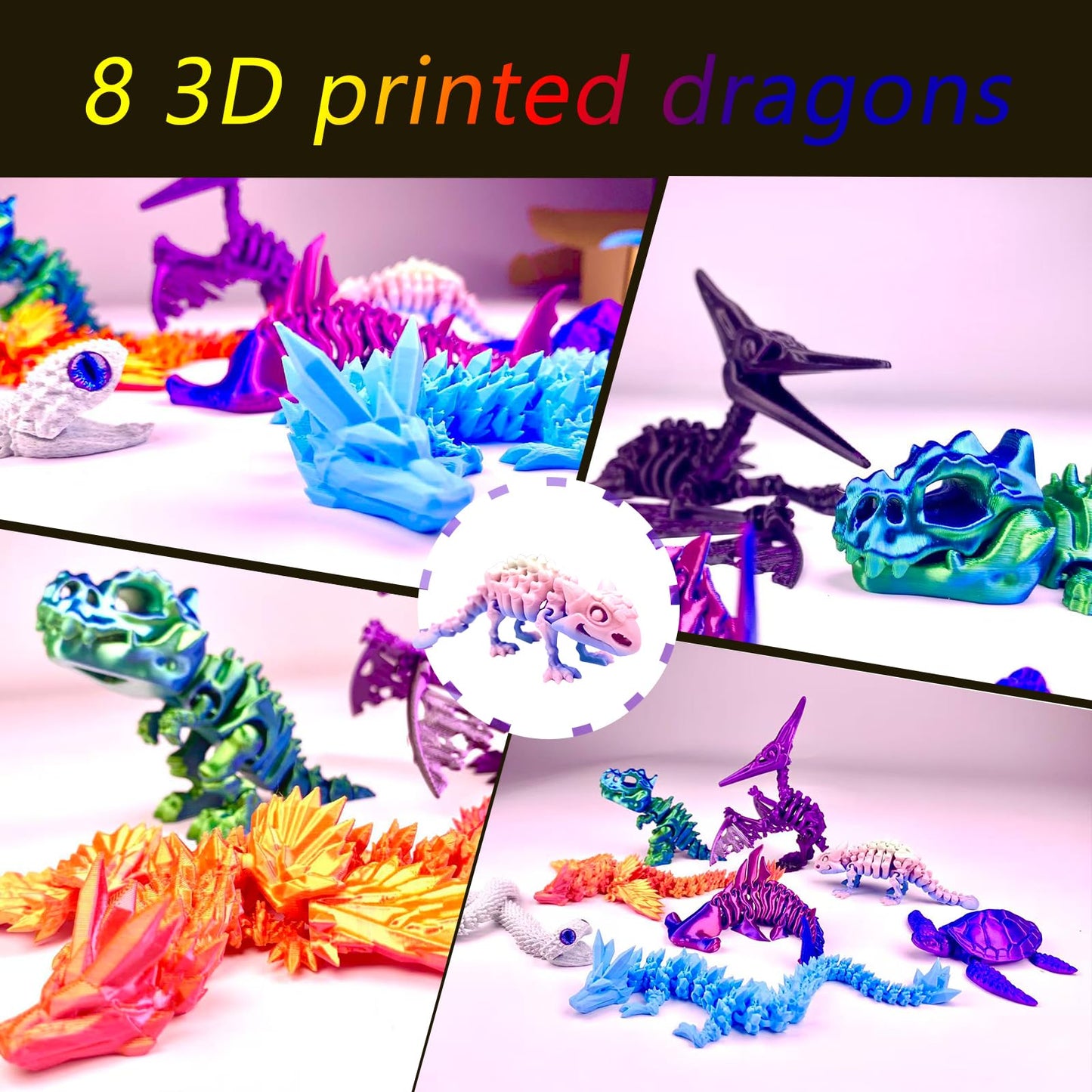 TJYZGXQ 8pcs 3D Printed Dinosaur, Snake Turtle Pterosaur T-Rex Fidget Toys,Crystal Dragon Flying Dragon,Desk Executive Toy,Easter,Toys for Boys Kids Teen 5-7 4-6 8-12