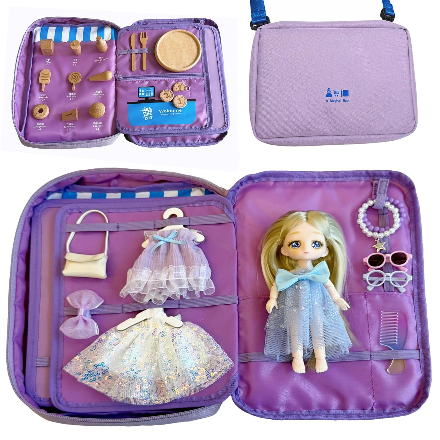 Girls Educational Travel Toy, Convenience Store Cash Register Pretend Play Set with Realistic Play Food, Doll Dress-Up Outfits and Accessories, Portable Kids Toy Storage Bag, Birthday Gifts for 3-8