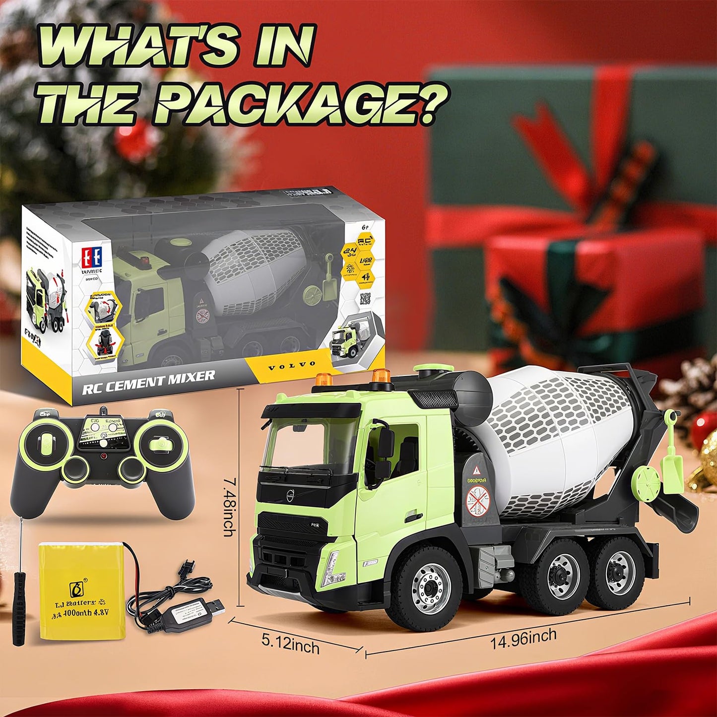 Double E Volvo FMX 1:20 RC Cement Mixer Truck - 360° Rotating Drum + 7 Realistic Sounds & LED Lights, 2.4GHz Anti-Interference for Multi-Vehicle Play - Construction Toy Adults