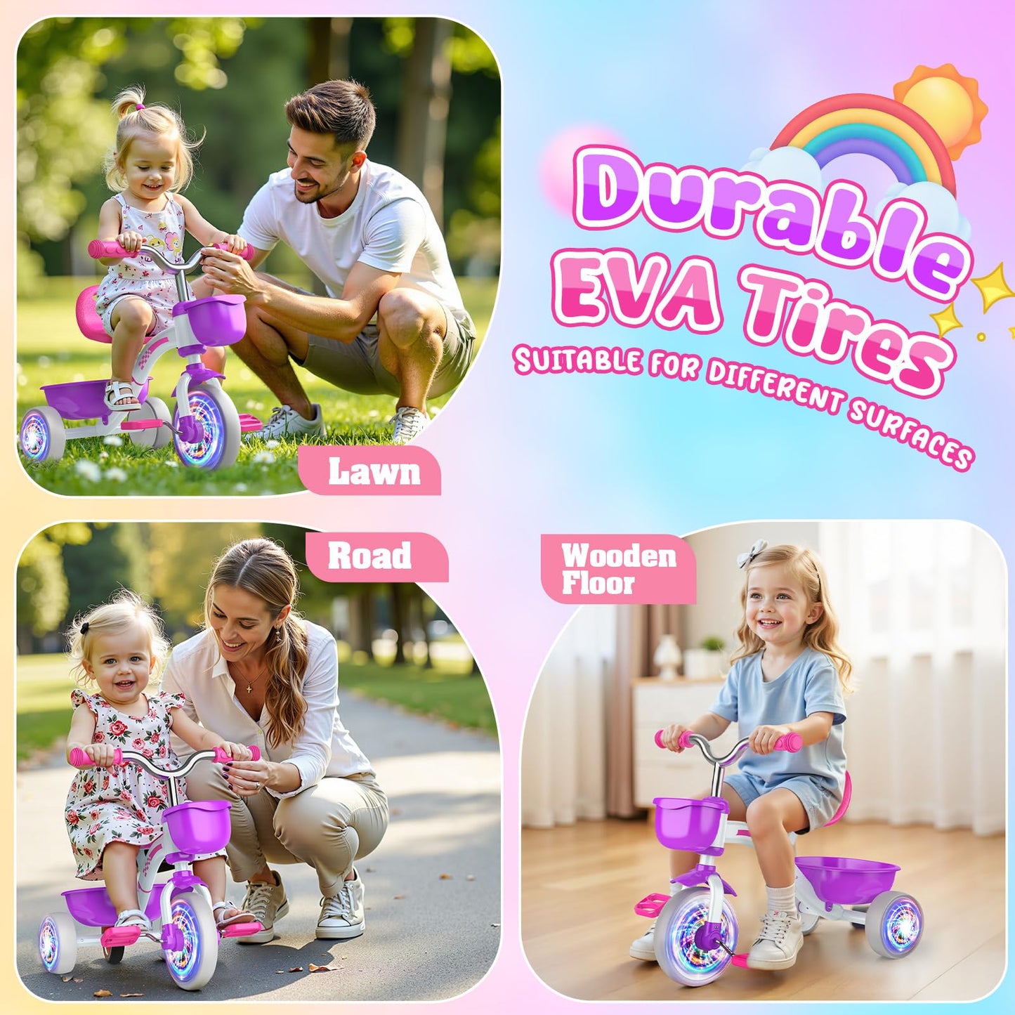 Kkdi Toddler Tricycle for 1-3 3-5 Year Olds, 2 3 4 5 Year Old Girl Birthday Gifts, Purple Toddler Baby Bike, 4-Level Adjustable Seat, 3 Color Light Wheels, 2 Baskets, Outdoor Riding Toys for Ages 2-4