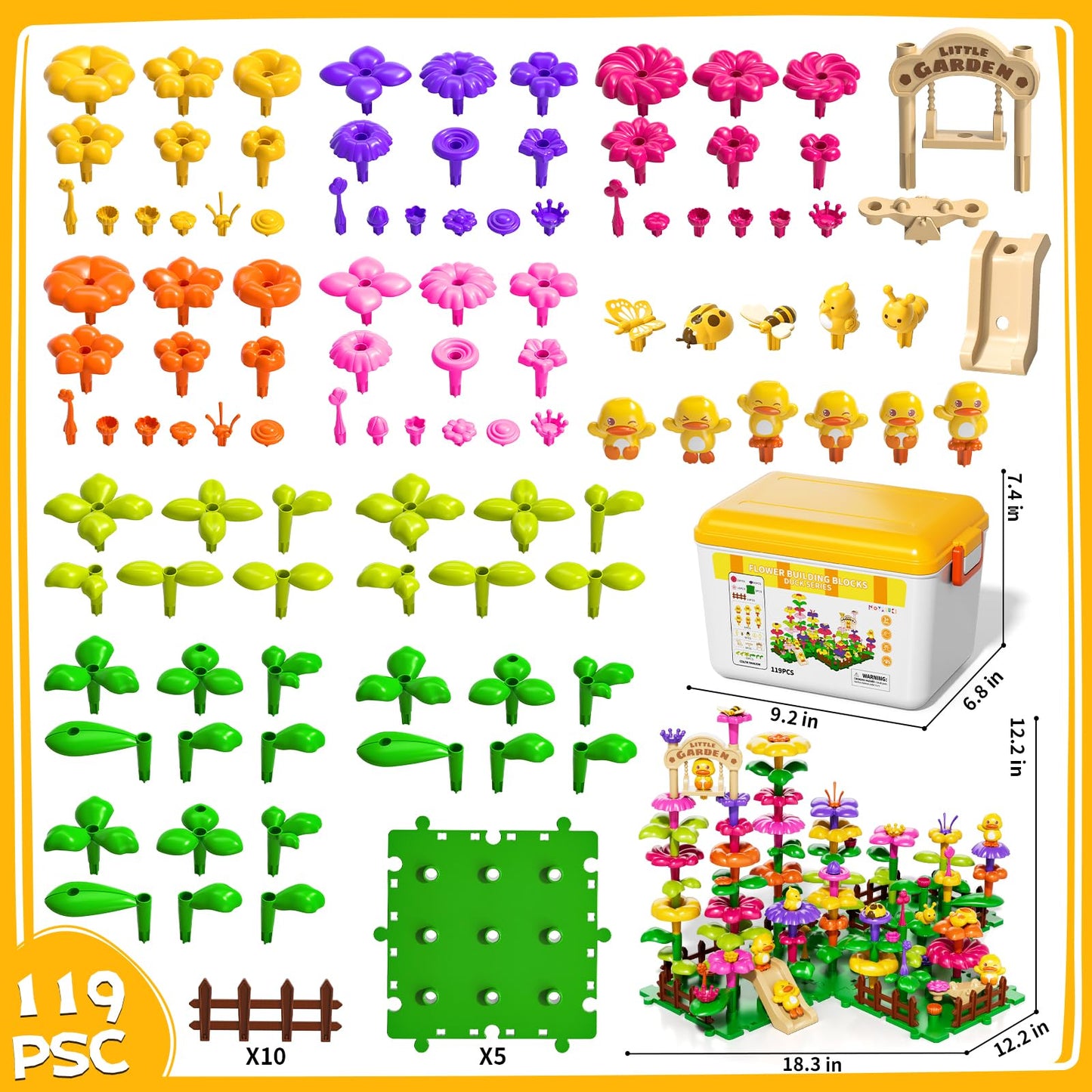 Novaluki Flower Garden Building Toys for Toddler 3 4 5 6 7 Years Old, 119Pcs DIY Stacking Toys with Storage Box, Kids STEM Preschool Educational Toy, Christmas Birthday Gift for Girls Ages 3-5