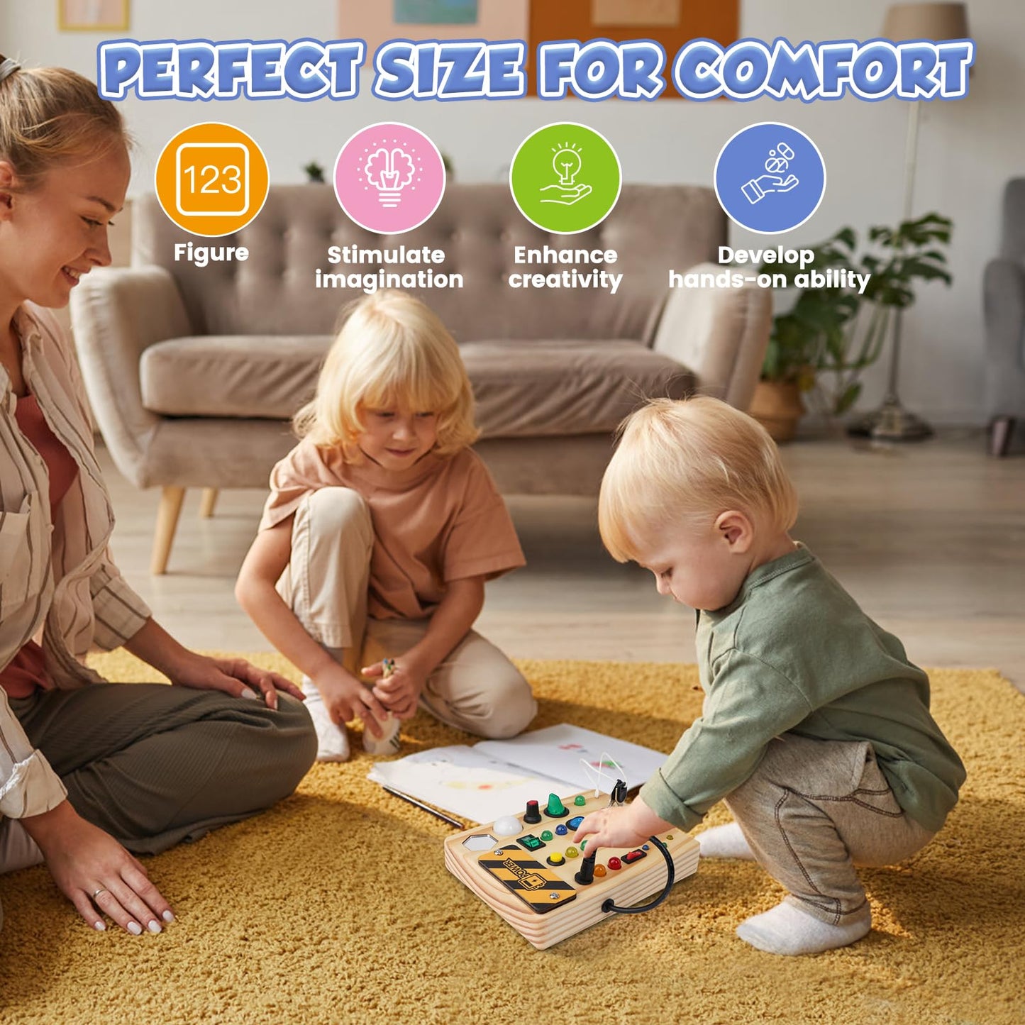 Sabdrau Montessori Busy Board Toys: Wooden Sensory Toy for Toddler with LED Light Up Switch, Educational/Christmas/Birthday Gifts for 1-3 Year Old Boys & Girls