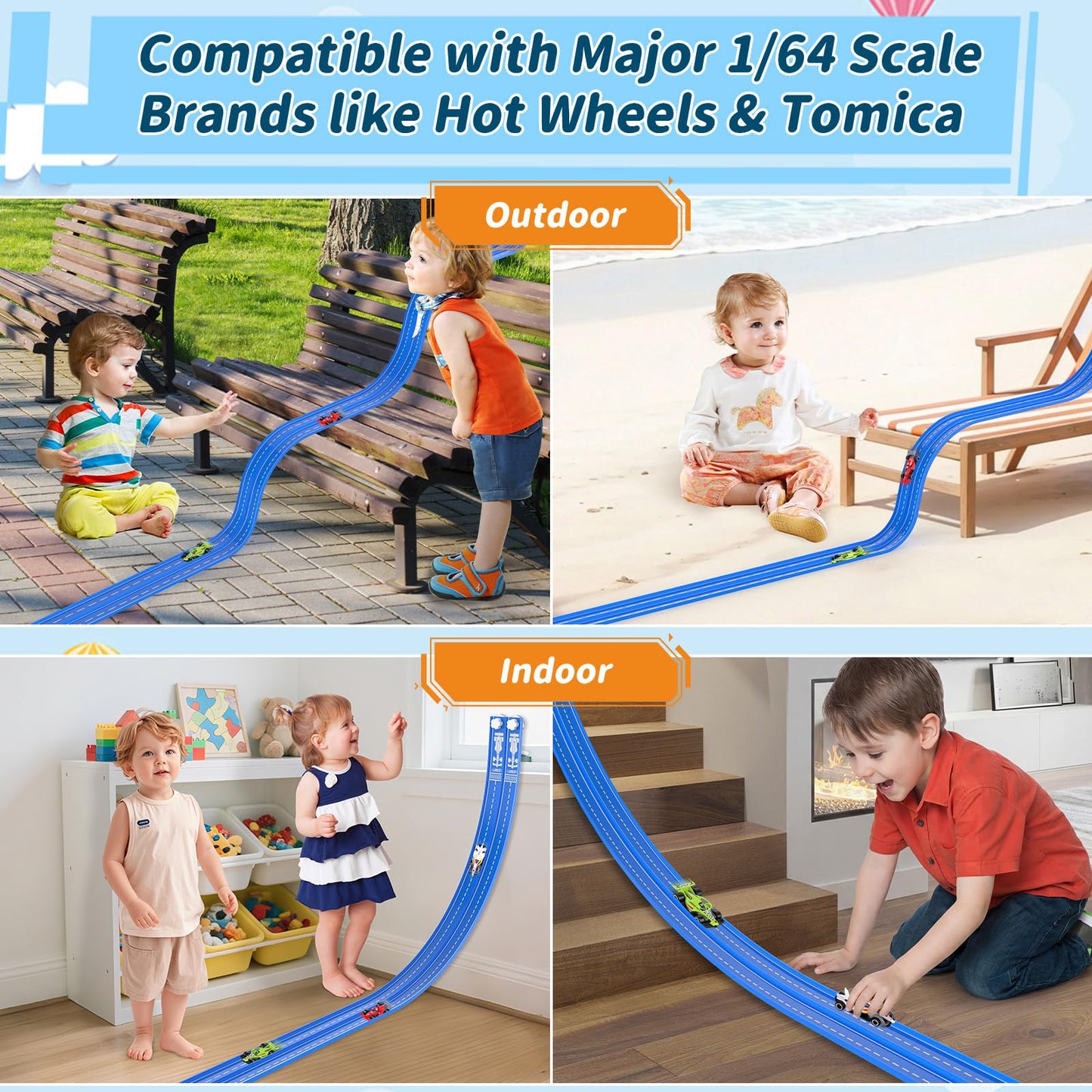 20Ft Flexible Race Track, Slot Car Race Track Set for Kids Ages 3+, Dual Racing Game 2 High-Speed Cars 1/64 Scale, w/8 Suction Cups, 4 Alloy Cars– Ideal Easter Birthday Gift for Boys & Girls (Blue)