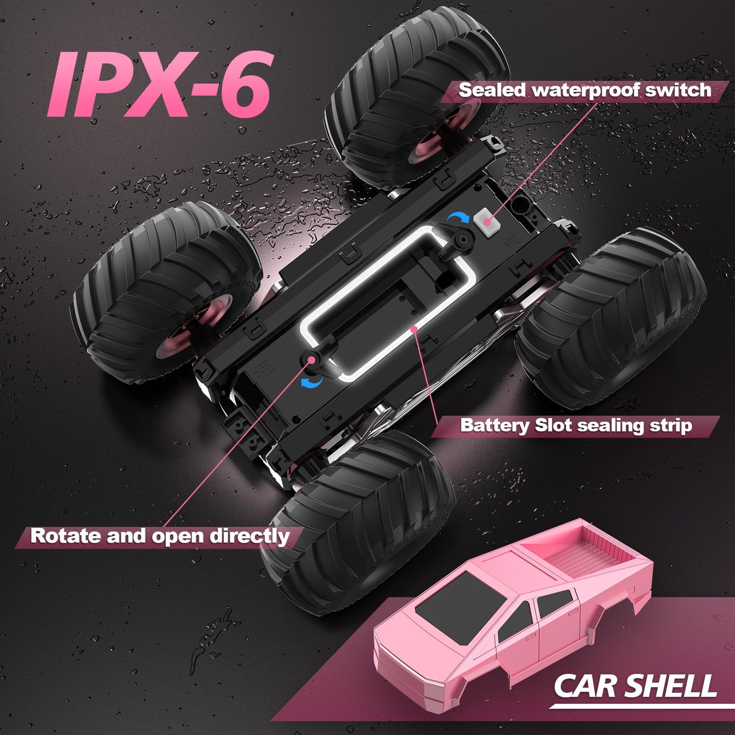 iDrone Remote Control Car Cyber RC Truck Toy, 1:16 2.4GHz 4WD Off-Road Amphibious Waterproof Monster Truck for All Terrain, Kids Birthday Gifts for Boys Girls Age 6 7 8 9 10 11 12 Year Olds (Pink)