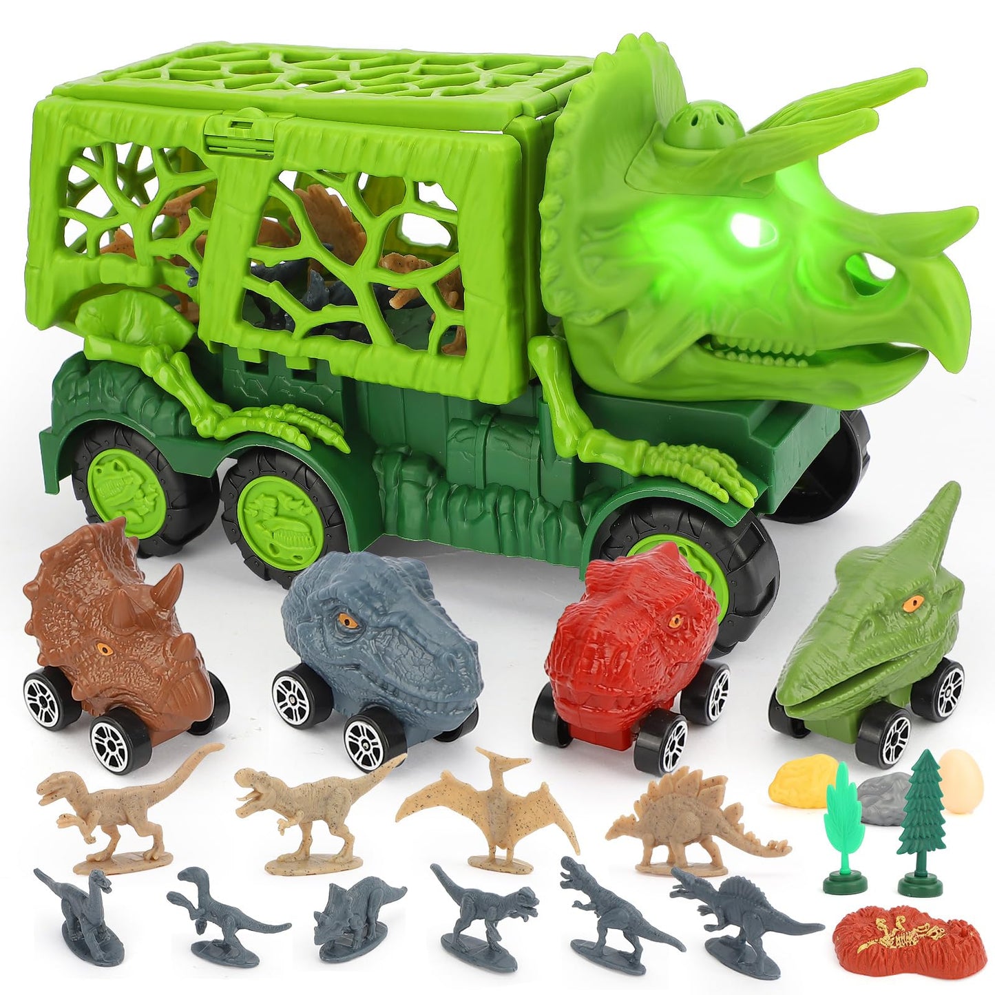 TOY Life Triceratops Dinosaur Truck with Track & Lights & Sounds, Dinosaur Toys for Kids 3-5 Transport Playset with Dino Cars, Fossil & Scene Assembly Toys for 2 3 4 5 Year Old Boys