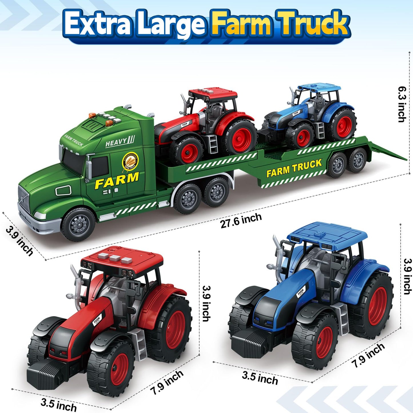 Bstoyder Toddler Boy Toys for 3 4 5 6 7 Years Kids, 27" Semi Flatbed Truck Toy with 2 Tractors, Friction Powered Vehicles Toys with Lights and Sounds, Birthday for Boy Girls