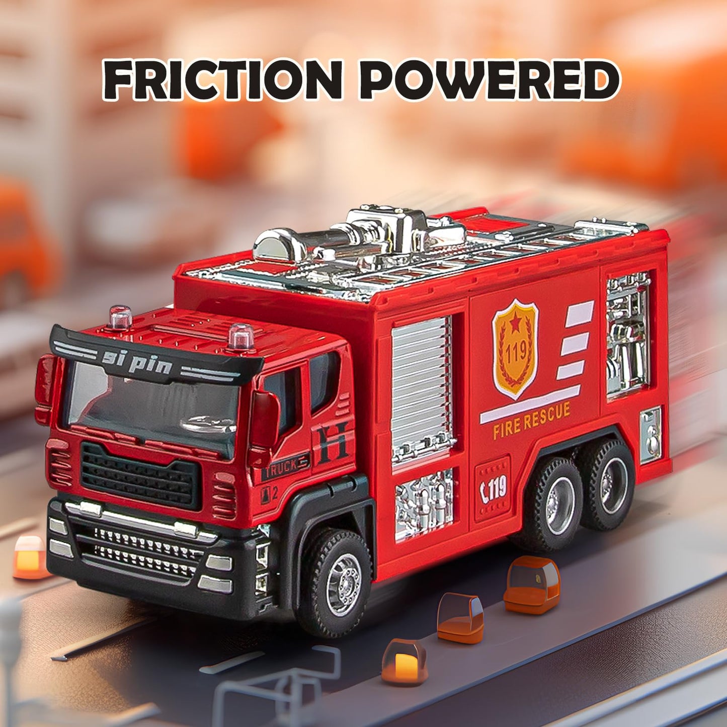 TAKGUD 4 Packs Metal Fire Trucks Playsets, Mini Friction Powered Vehicle, Including Fire Engine, Ladder Truck, Die-cast Tank, Tow, Realistic Design for Toddlers Boys, Kids Aged 3+ Years Old