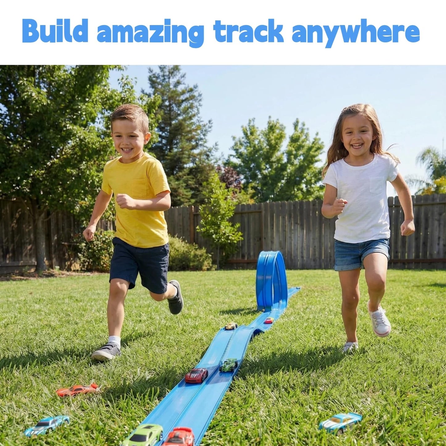 16.5 Ft Flexible Race Track for Kids, Portable DIY Roll-Up Racetrack Set Compatible with Diecast 1/64th Cars - Includes 8 Racing Cars & Super-Grip Gravity Ramp, Birthday Gift for Boys Girls 3-8, Blue