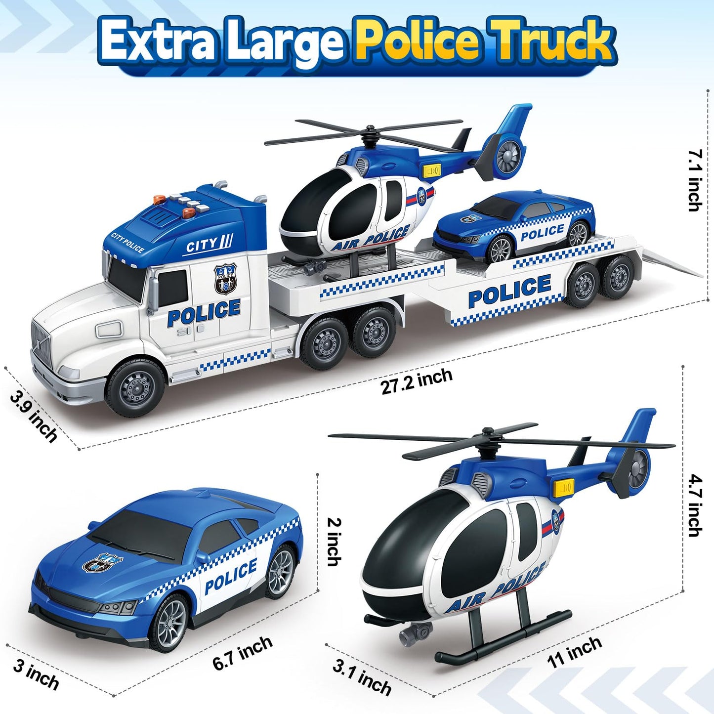 SpringFlower 3 4 5 Boy Toddlers Toys, Extra Large Police Truck Toys with Racing Car and Helicopter, 3 in 1 Police Car Toy Birthday Gifts for 3 4 5 6 Year Old Boys Toddlers Girls