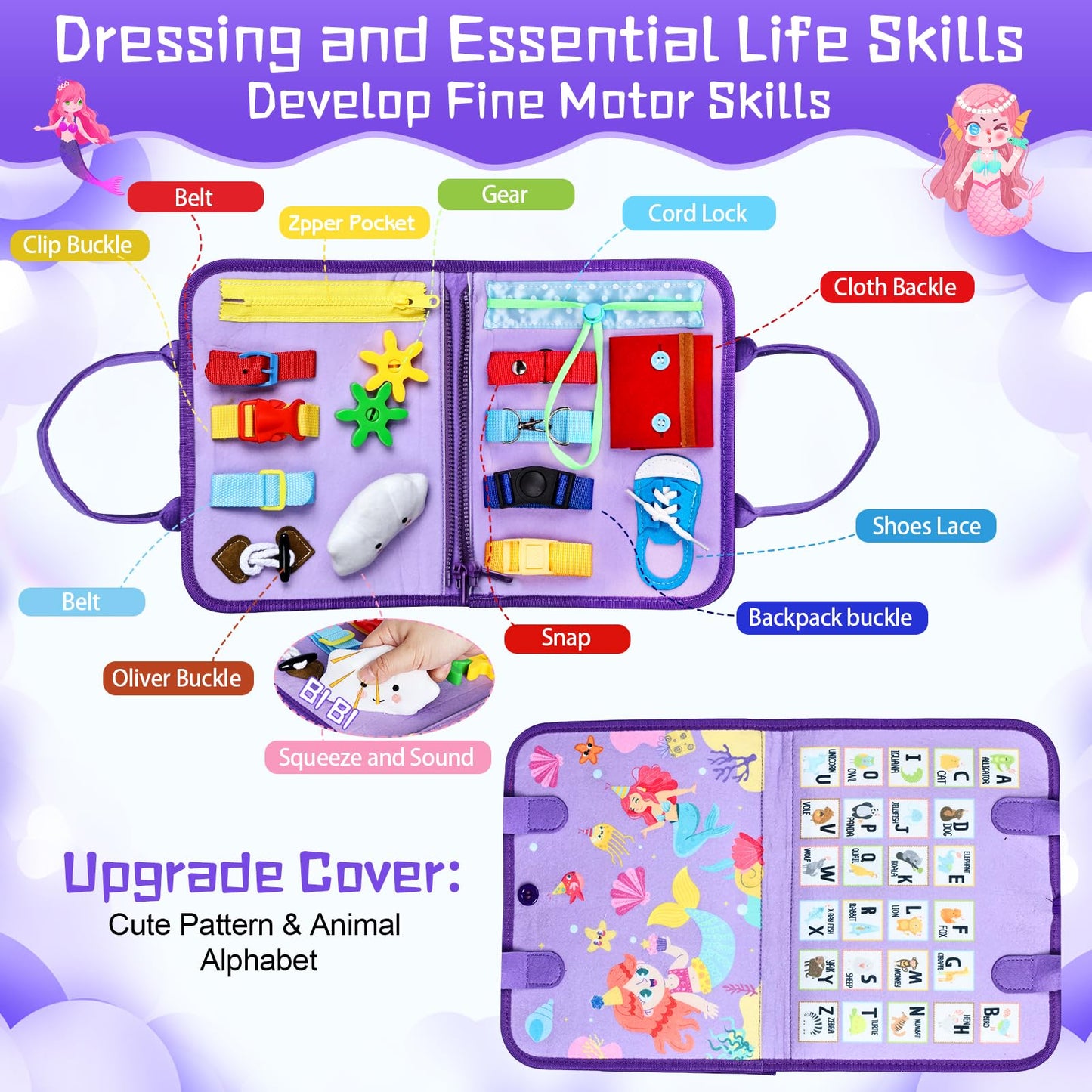 Esjay Toddler Busy Board Montessori Toys for Girls, Sensory Book Educational Activities Learning Fine Motor Skills, Birthday Gifts for Girls Toddlers, Travel Toys for Airplane Car, Purple Merpeople