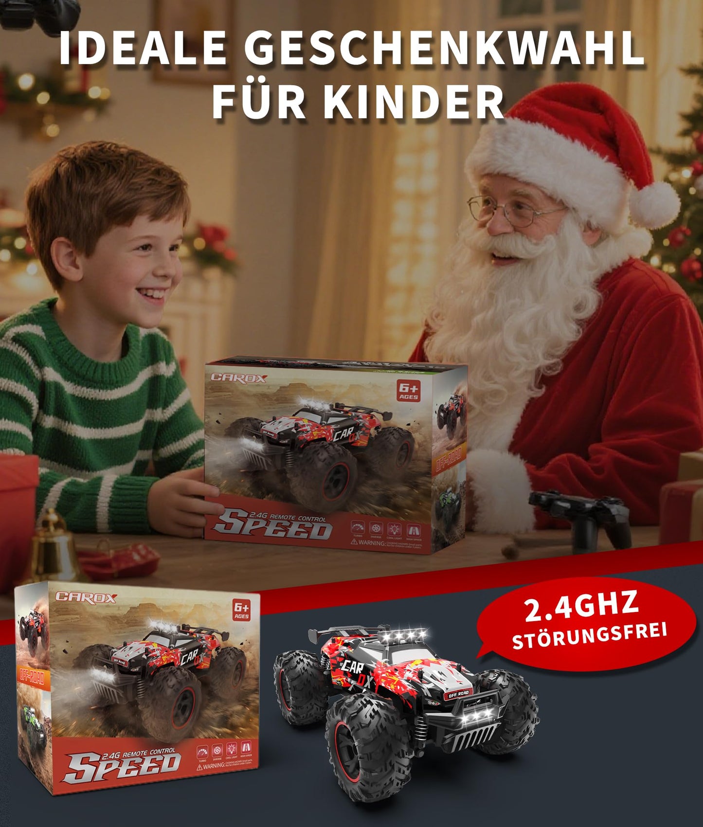 Carox Remote Control Car, 2.4GHz 26KM/H High Speed RC Car, 1:18 Off-Road Monster Truck with LED Lights, Proportional Throttle & 1800mAh Rechargeable Batteries – Ideal Gift for Boys 6+ (RED)