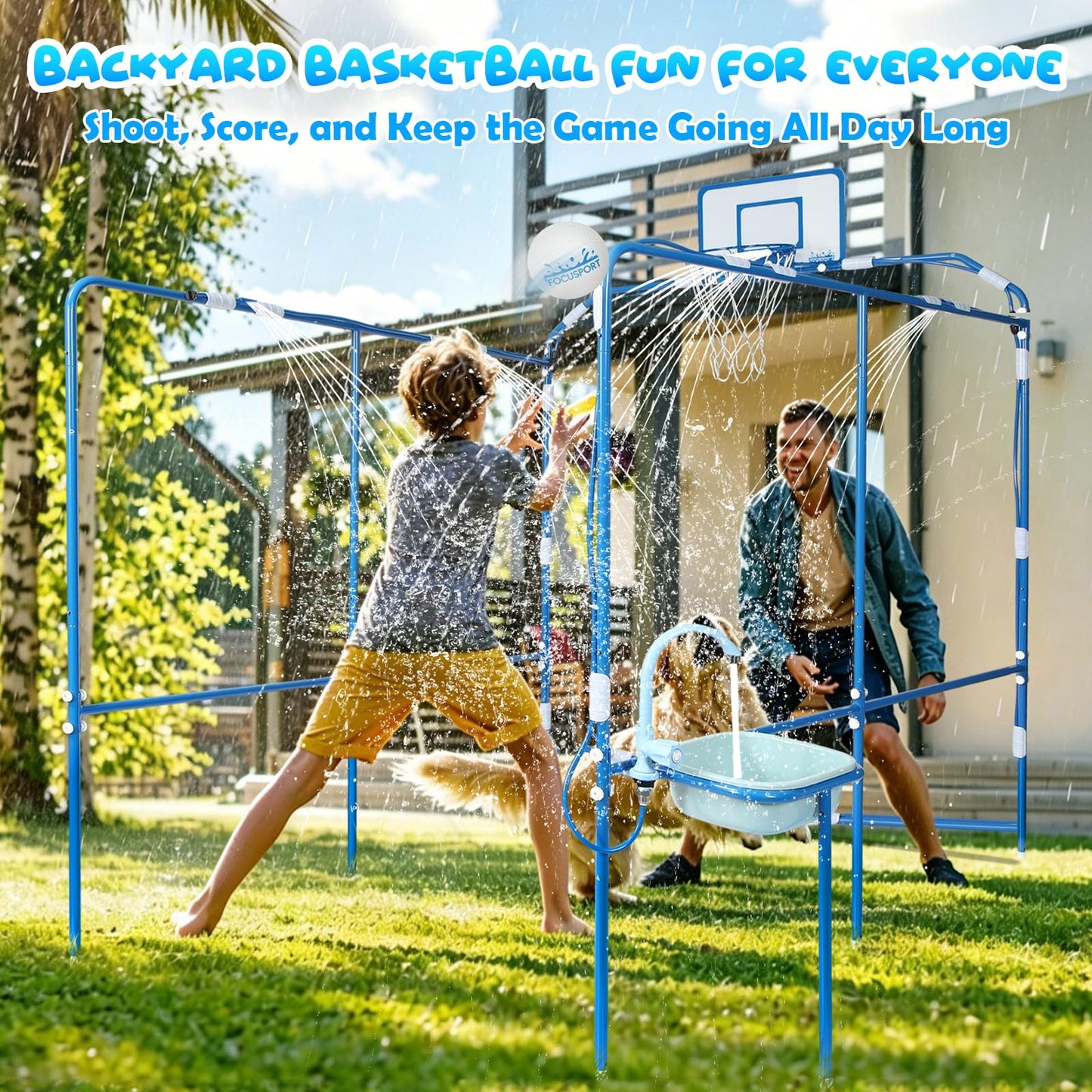 Focusport Backyard Water Park & Basketball Game Set, Heavy-Duty Steel Water Park Sprinkler Toy Game with 2 Basketballs, Water Basin & Faucet, Outdoor Summer Water Fun Play Toys for Kids & Family