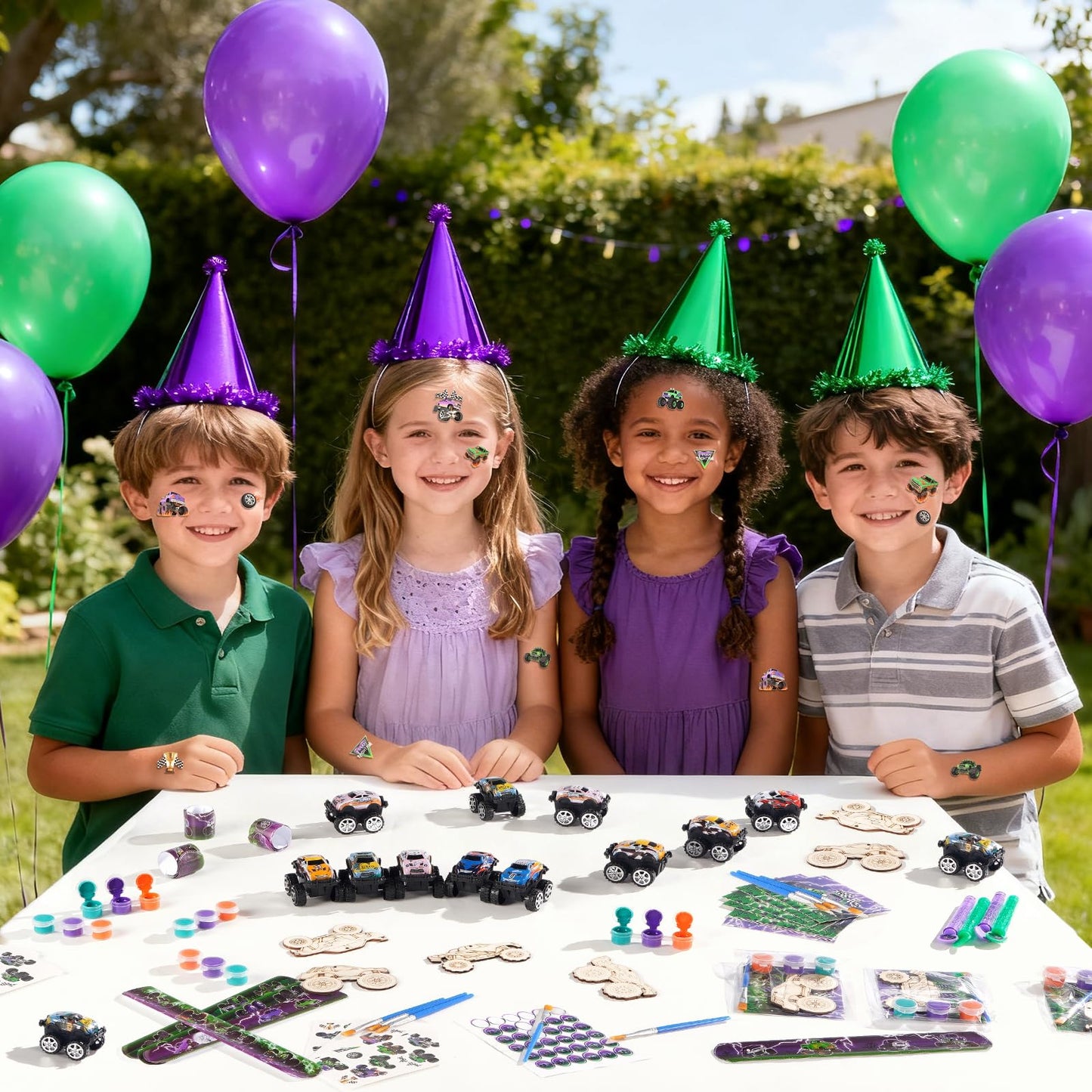 Vanblue 84 Pcs Monster Truck Party Favors Green Purple Truck Car Birthday Decorations Supplies Goodie Bag Stuffers Gift for Boy Party Pinata Filler Classroom Rewards
