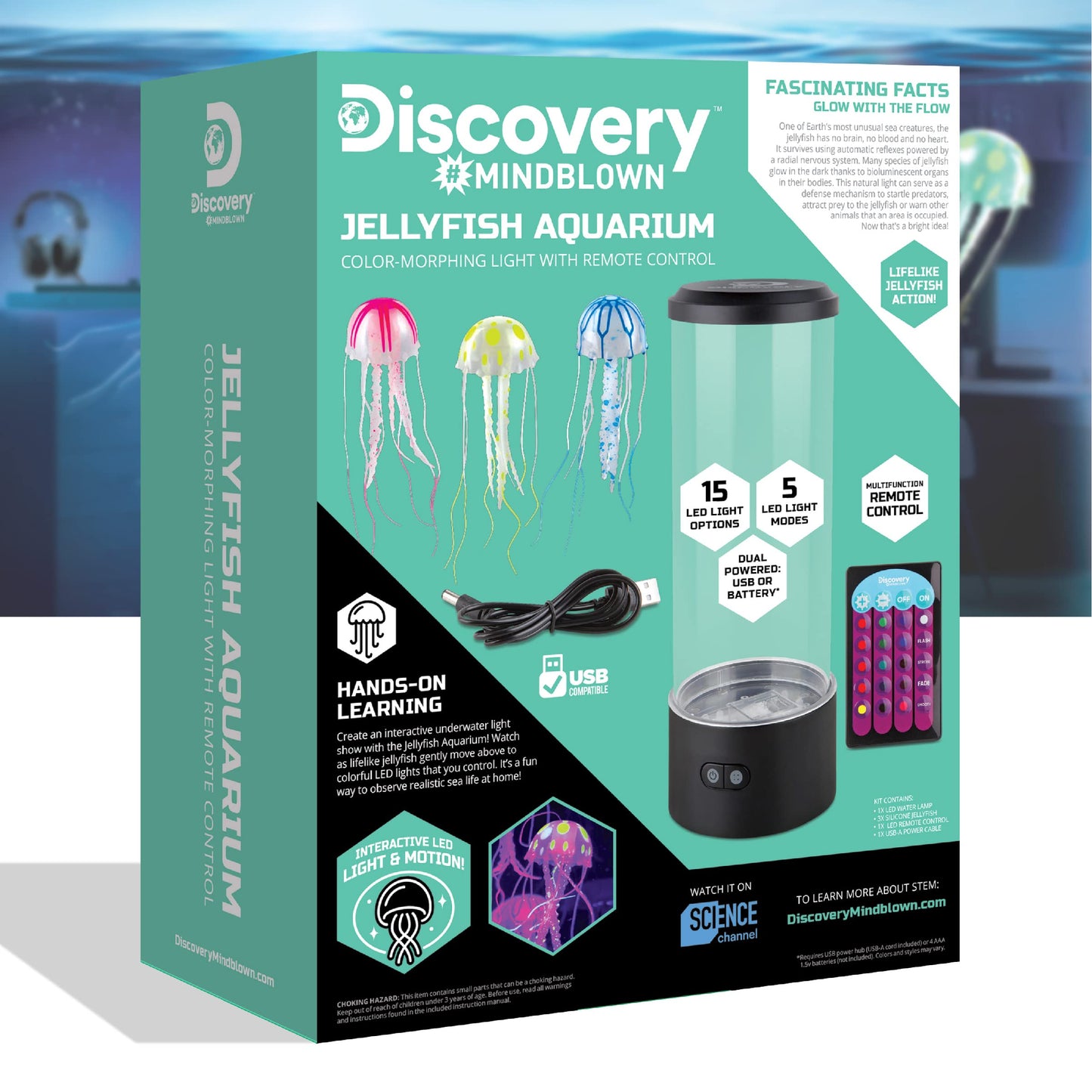 Discovery™ Jellyfish Aquarium Lamp – Color‑Morphing LED Bedroom Night Light with Remote| 15 Light Options| Lifelike Floating Jellyfish| Educational Learning Gift| Ages 8+