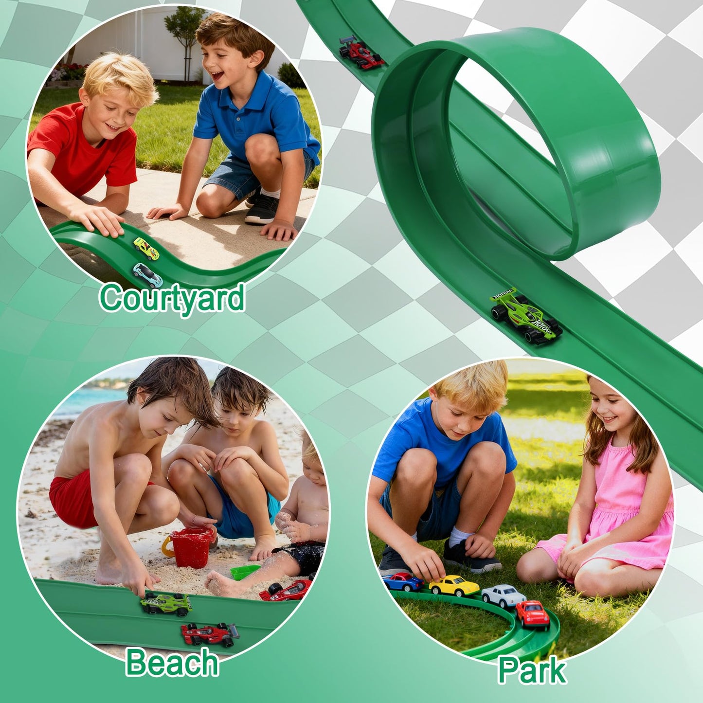 Flex Track Race Cars for Kids, Rubber Have Extra-Long 15.75ft is Customizable Race Track, with 4 Racing Cars and 6 Suction Cups, Flexible Race Track Easy to Store for Outdoor Play (Green)