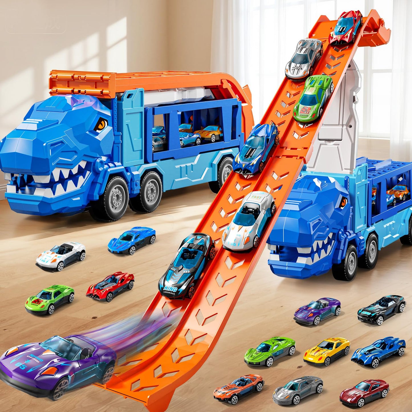 GYYCKTD Race Track Truck Toys for 3 4 5 6 7 8 Years Old Boys, Carrier Vehicle Playset with 12 Die-Cast Racing Car Toys, 2-Tier Storage, Car Ramps, Birthday Gifts for Toddlers Kids Girls Age 3-5 4-8