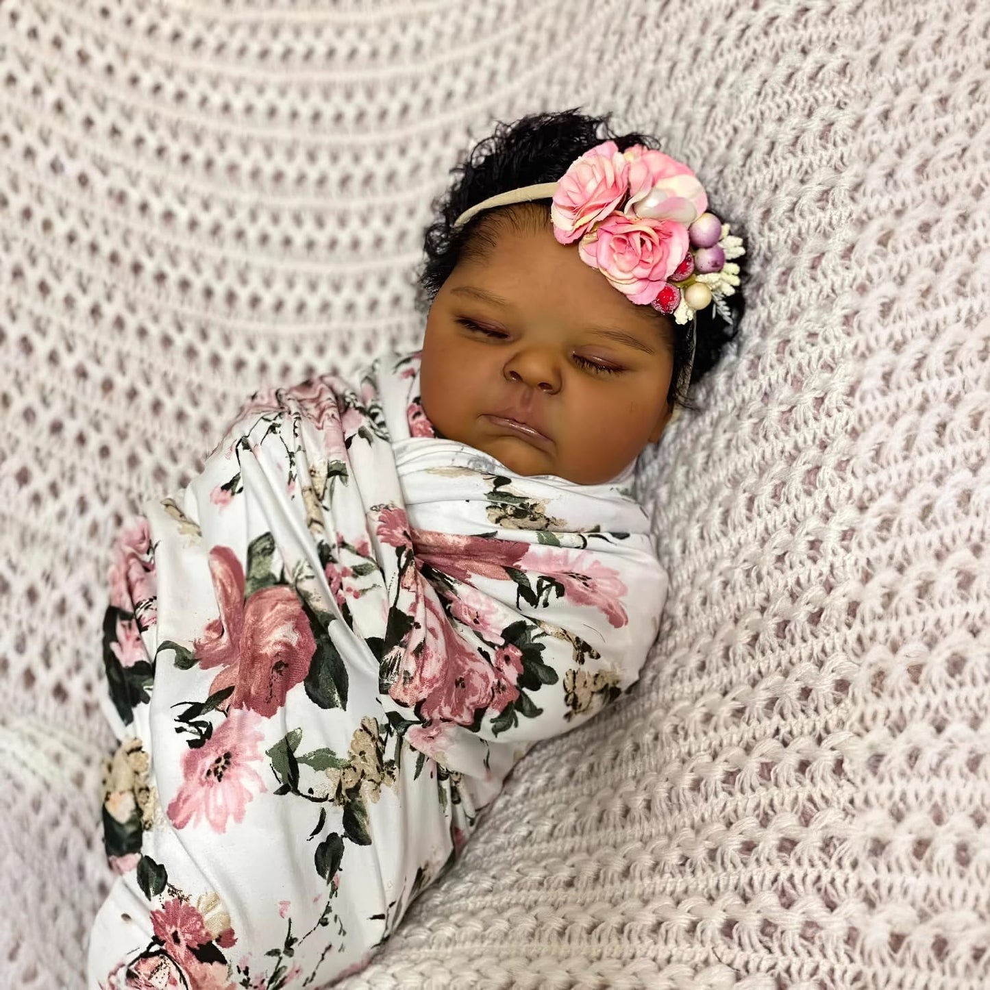 Ardol 19 Inch African American Realistic Baby Doll Lifelike Reborn Baby Girl Dolls- Vinyl Full Body Sleeping Rooted Curly Hair Floral Headband Gift Set for Kids Age 3+