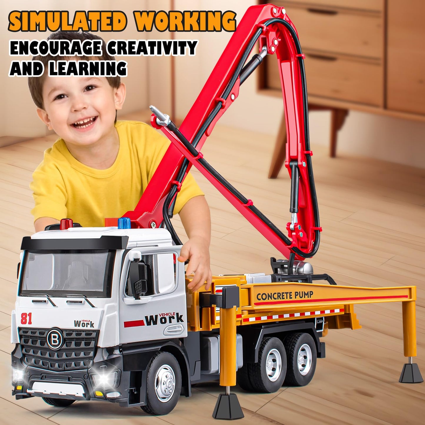 Concrete Pump Truck Toy Metal Cab, Diecast Construction Trucks with Working Water Pump, Lights and Sounds, Construction Vehicles Toys for 3 4 5 6 Years Old Boys Kids, 12.8"