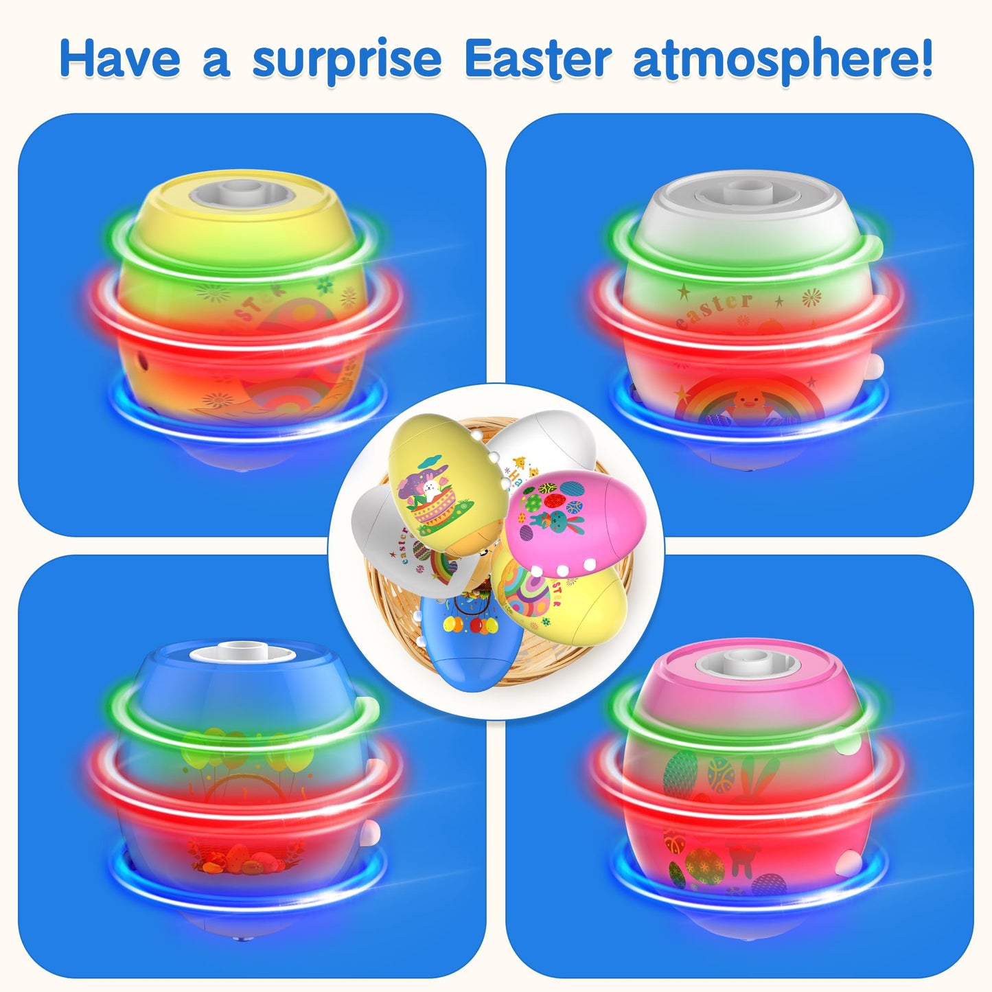 6 PCS Easter Eggs Light Up Flashing Spinning Tops for Kids, Easter Egg Spin Toys with LED Gyroscope for Party Favors Gift, Classroom Event Rewards, Goodie Bag Stuffers, Glow in The Dark Party Supplies