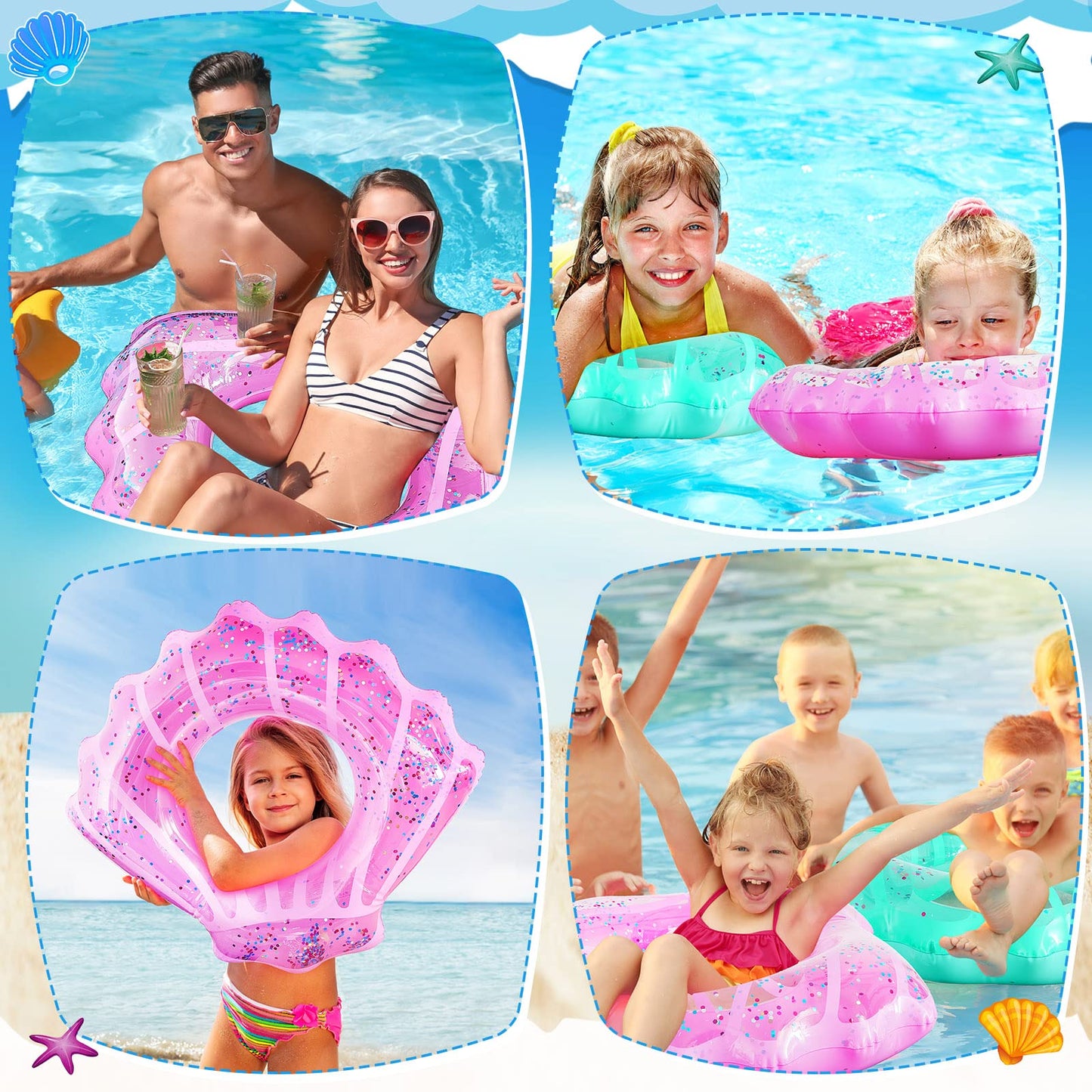 Juexica 2 Pack Shell Swim Rings for Kids Inflatable Seashell Pool Float Children Swimming Floatie Glitter Confetti Swim Tube Summer Beach Party Decorations for Kids Toddlers Teens(Pink,Blue)