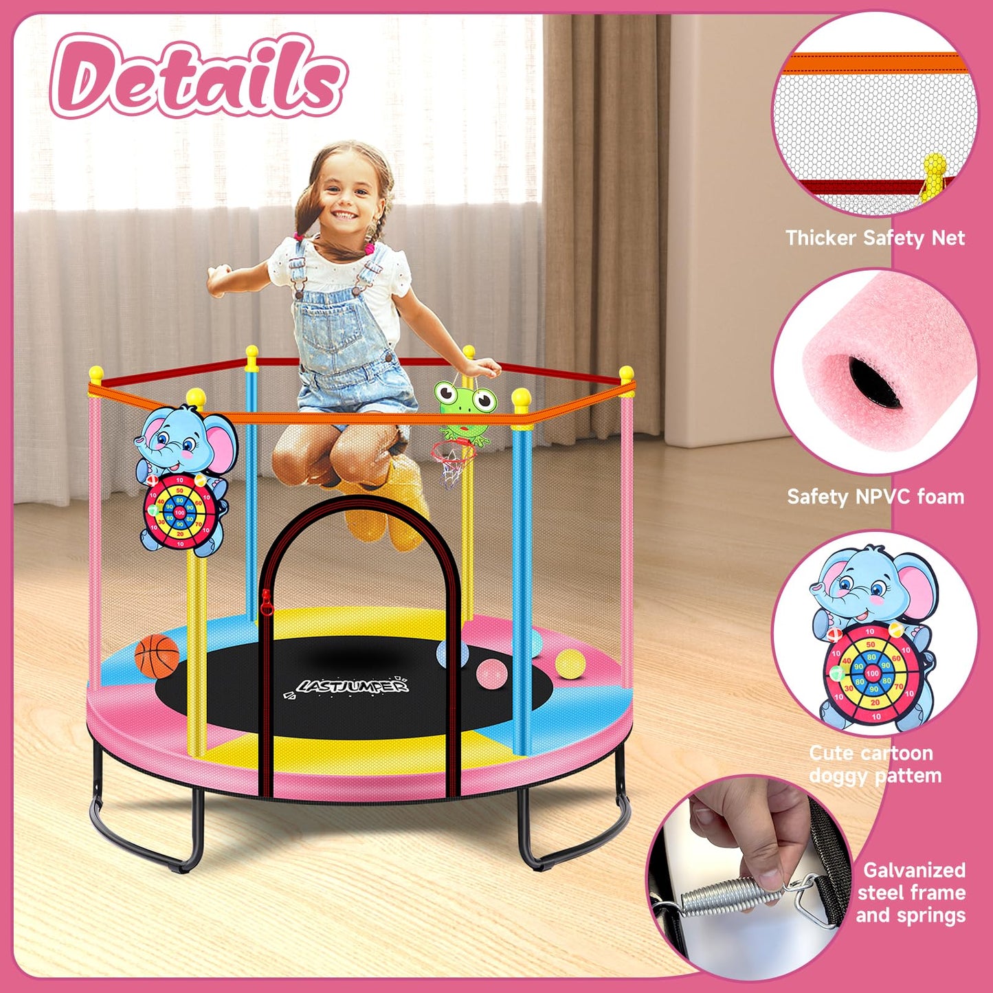 LASTJUMPER 60''/5ft Pink Toddler Trampoline Indoor,Small Trampoline for Kids with Safety Enclosure, Basketball Hoop & Ocean Balls, Birthday for Toddlers 1-3