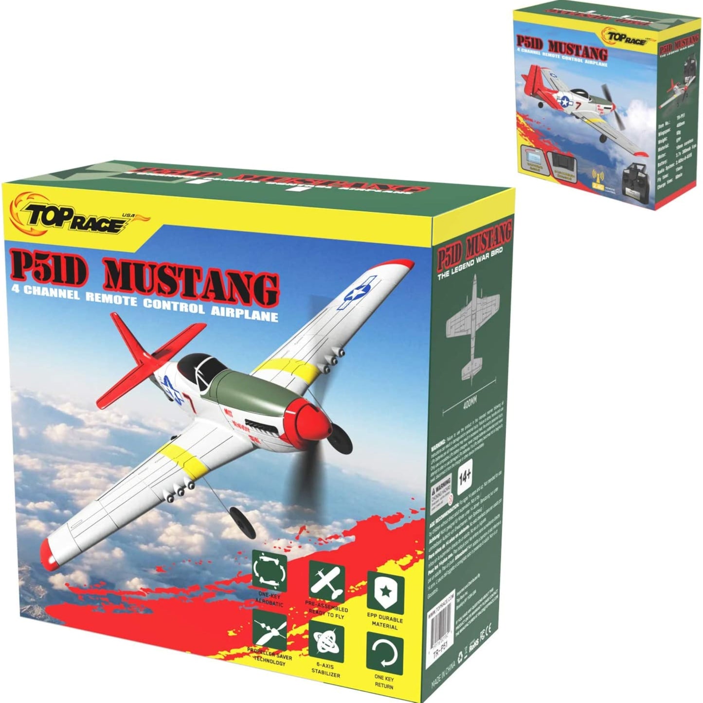 Top Race Remote Control Airplane, RC Plane 4 Channel Ready to Fly RC Planes for Adults, Advanced Foam Plane, Remote Control Cessna P51 Mustang Upgraded with Propeller Saver (14 * 15 inch)