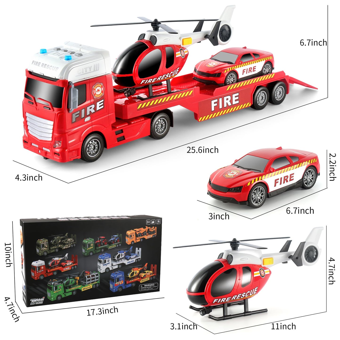 Dwi Dowellin 25.6" Semi Truck Toy with Racing Car and Helicopter for Kids Toddlers - Fire Toys,Birthday Gifts for Boy Toddler Child 2 3 4 5 6 Years Old