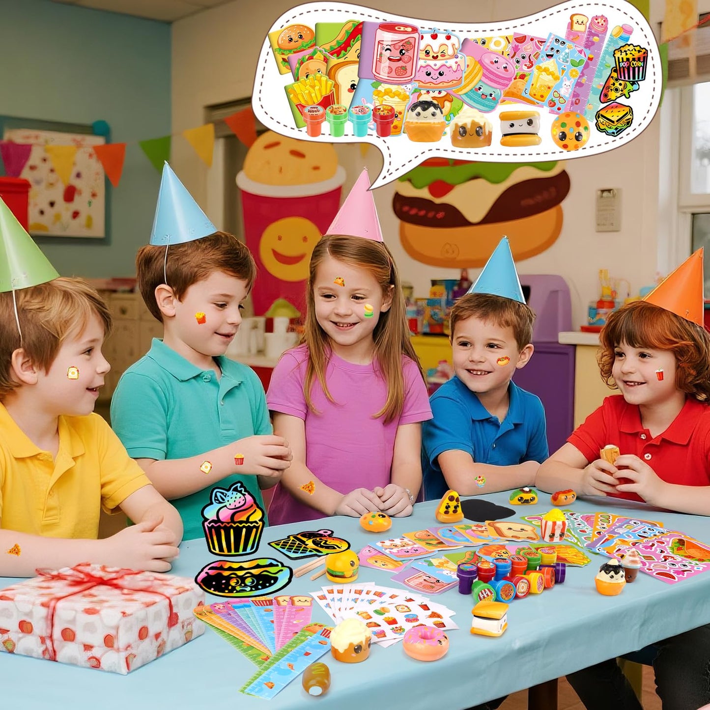 BenLouis 168 Pcs Fast Food Party Favors Snacks School Stationery Bulk for Kids Classroom Donut Birthday Gift Candy Goodie Bag Fillers Pizza Food Drink Decor Pinata Prize Activity Supplies