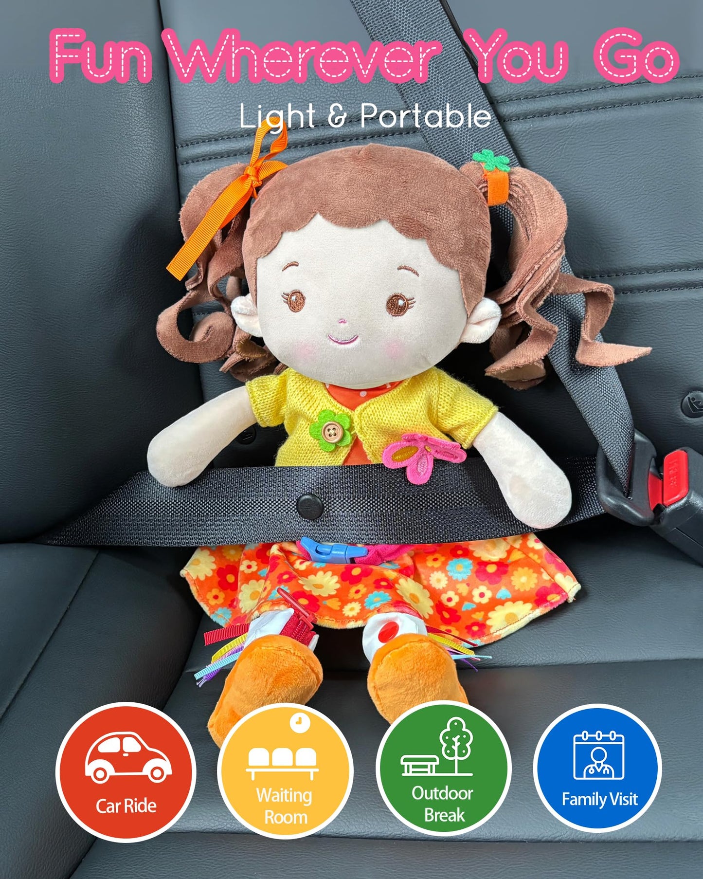 LeyaDoll Learning Sensory Doll for Toddlers, Montessori Toys for 2-Year-Old Girls Christmas, Birthday Gifts, Plush Doll with Zipper, Shoelace, Button-Busy Flora Girl