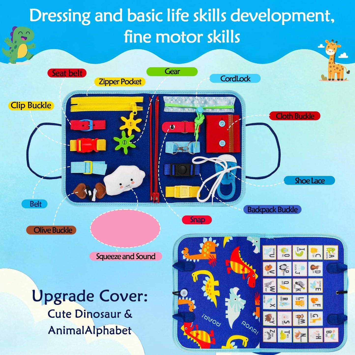 GiggleCraft Montessori Busy Board for Toddlers – Sensory Busy Book with Buckles, Zippers, Letters, Animals, Toddler Activities – Fine Motor Skills Development Learning for Boys Girls Travel Activity
