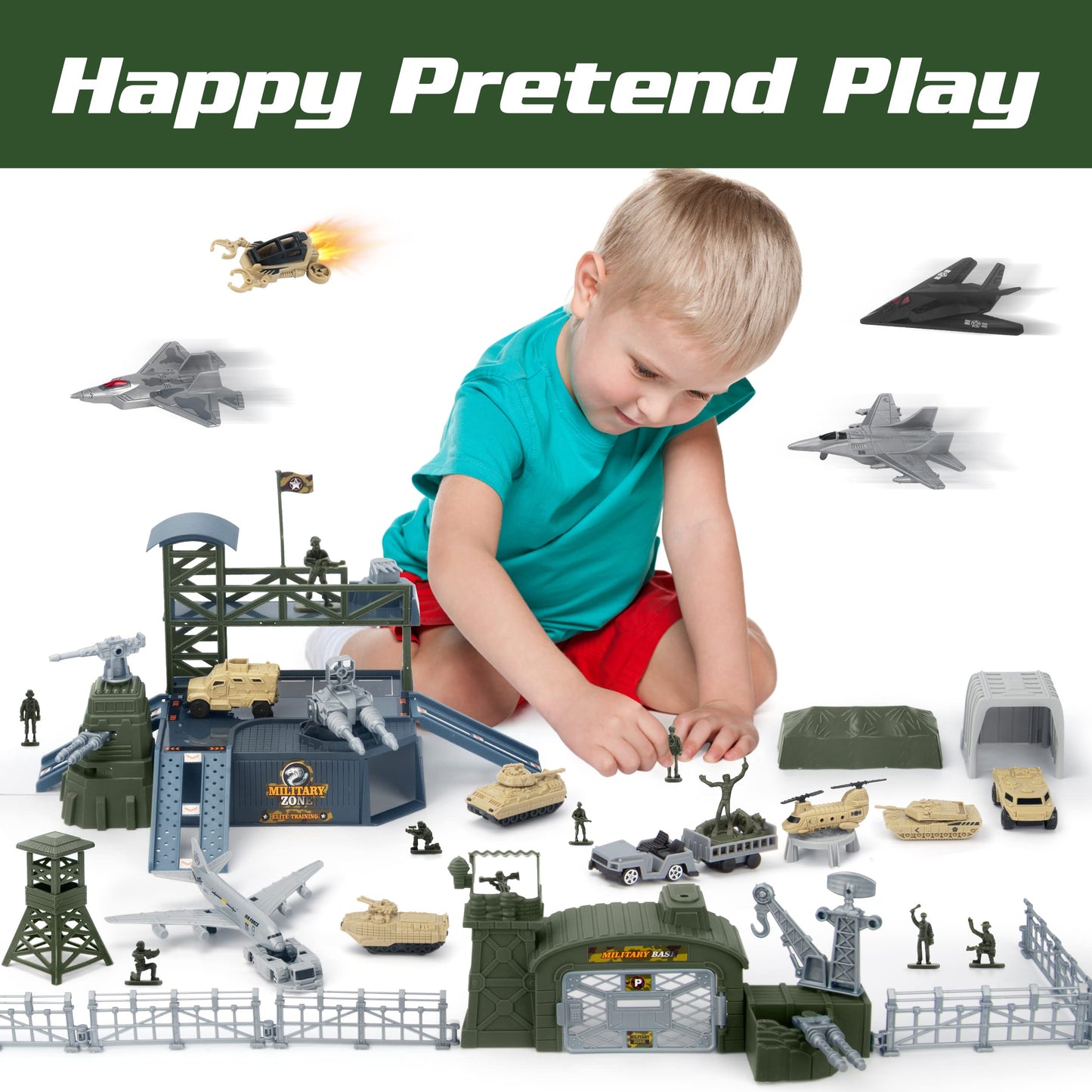 XDUOYJOY Military Base Toy, Army Toys Set with 13 Vehicles Airplane Tank Trucks Helicopter Fighter Jet, Play Mat with Army Men Action Figures and Accessories, Birthday Gift for Kids