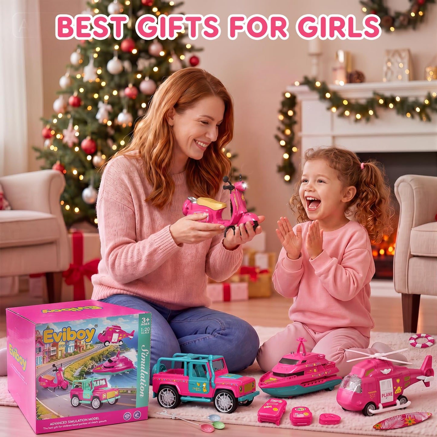 Eviboy 10-in-1 Car Toys Set, Battery-Powered Vehicle Toys with Lights & Sounds, Includes Off-Road Vehicle, Yacht, Motorcycle & Helicopter, Perfect Birthday for Girls Ages 3-6(Pink)