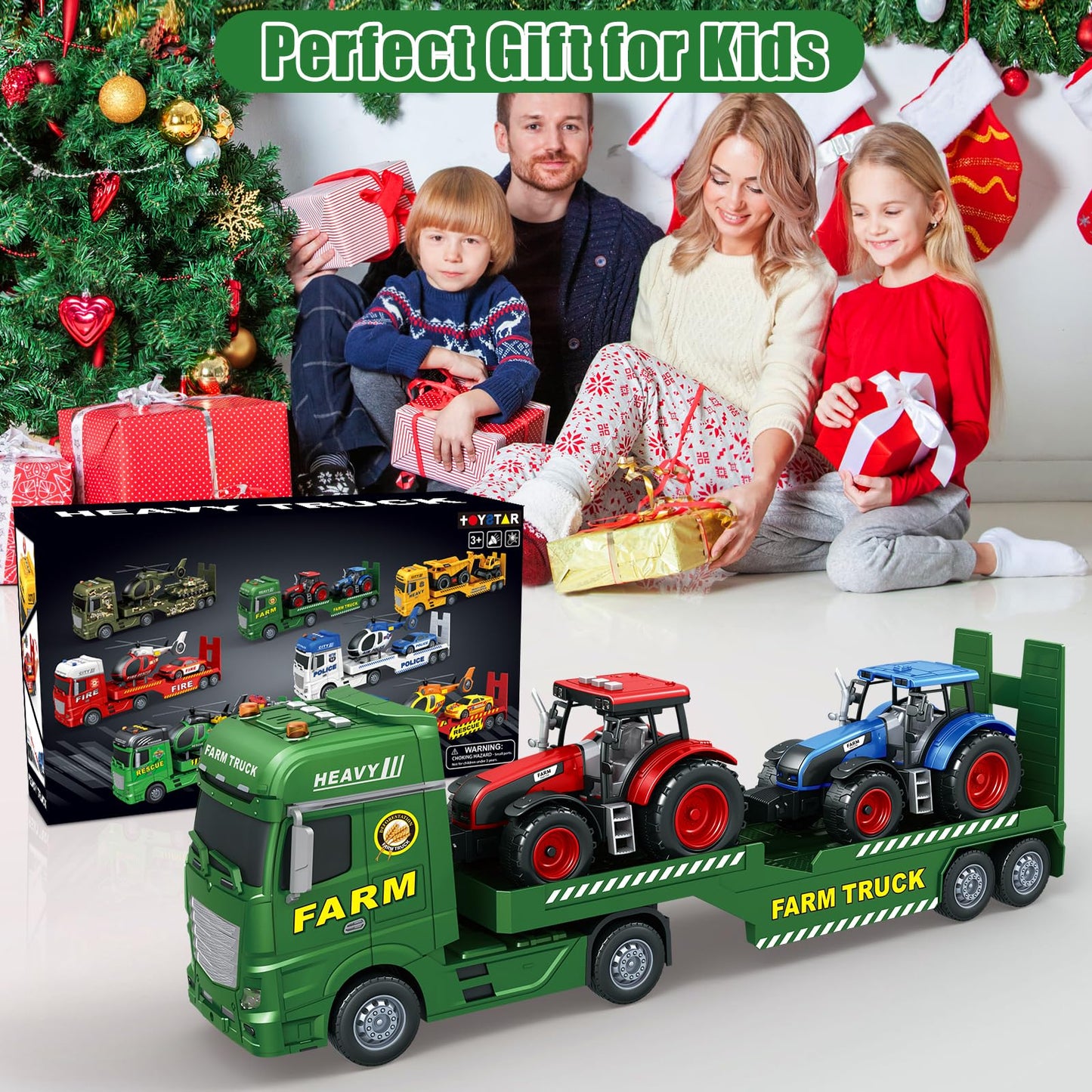 Yiwsnust Large Flatbed Semi Truck, 25.6’’ Large Farm Truck Toy with 2 Tractors, Friction Powered Farm Transport Truck Tractor Toy with Light & Sound, Farm Toys Birthday Gift for Kids Aged 3-8
