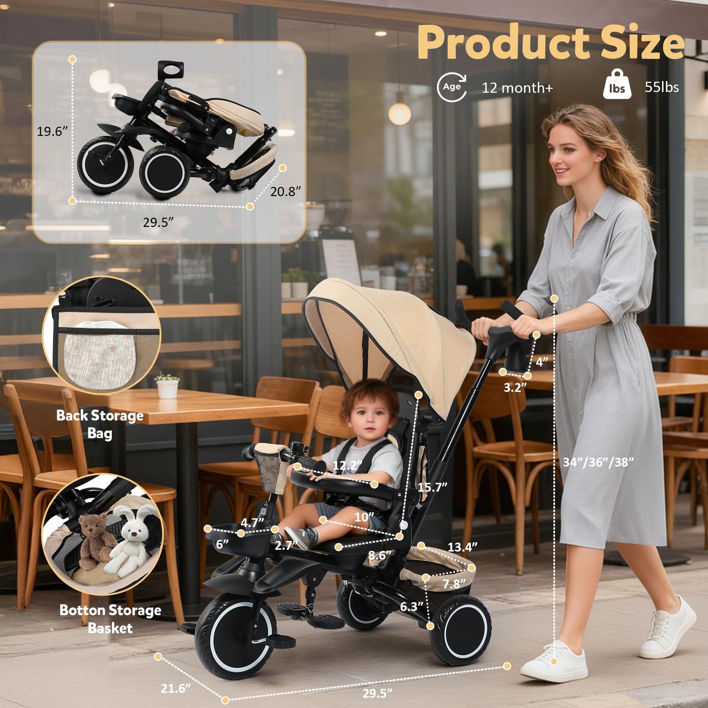 TODEFULL Folding Kids Tricycle, 8 in 1 Toddler Trike W/Removable & Adjustable Canopy, Parent Handle, 5-Piont Harness, Toddler Bike Tricycle for Kids 1-6 Years, EVA Wheels, Storage Basket, Khaki