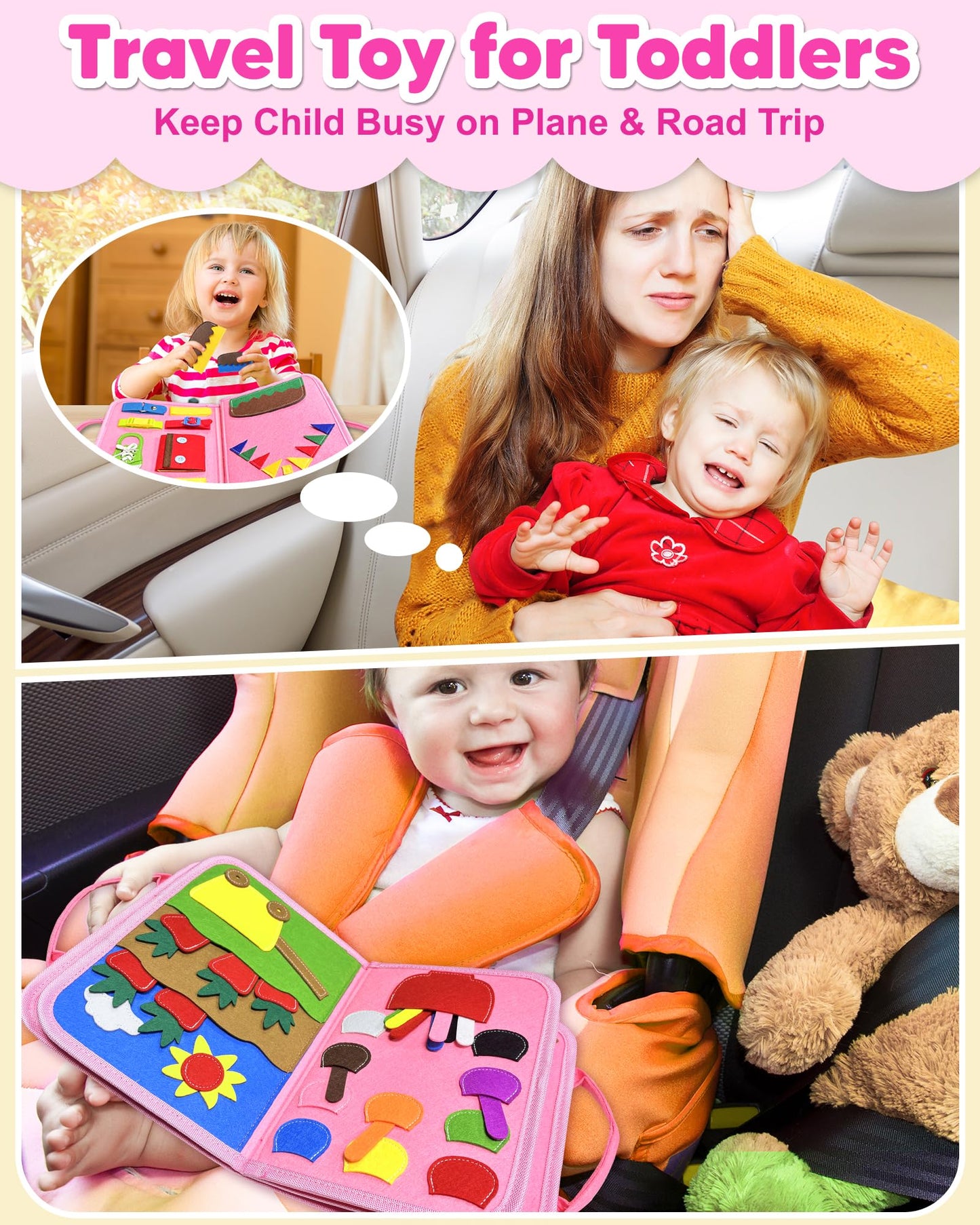 Exorany Busy Board Montessori Toys for Toddler Girl Birthday Gifts, Busy Book Sensory Learning Toys for Toddlers, Toddler Girl Airplane Car Travel Toy Educational Activities