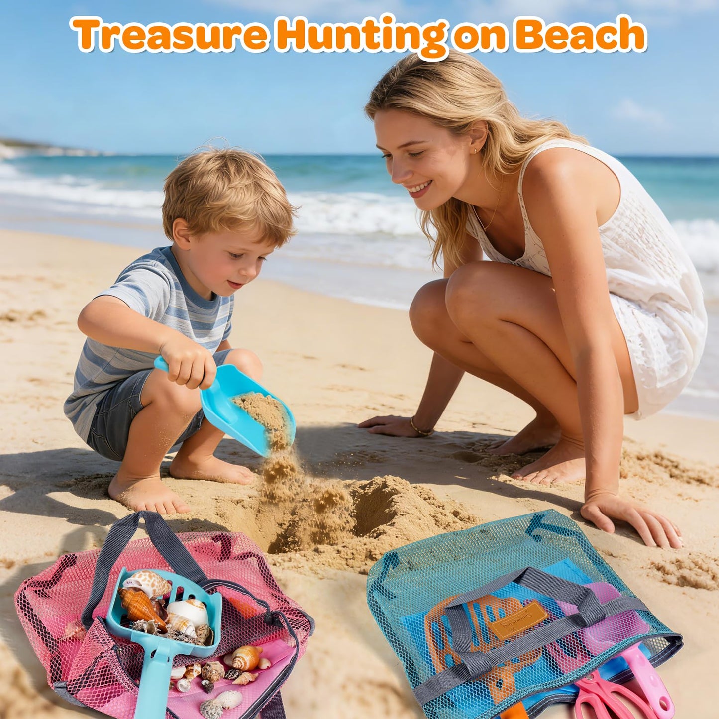 Beach Sand Toy Kids Age 4-8 Sandbox Kits with Mesh Shell Bags, Shovels, Claw Tongs for Shark Teeth Beach Essential Travel Summer Baby Toys for Toddlers Boys & Girls 3 4 5 6(2 Packs)