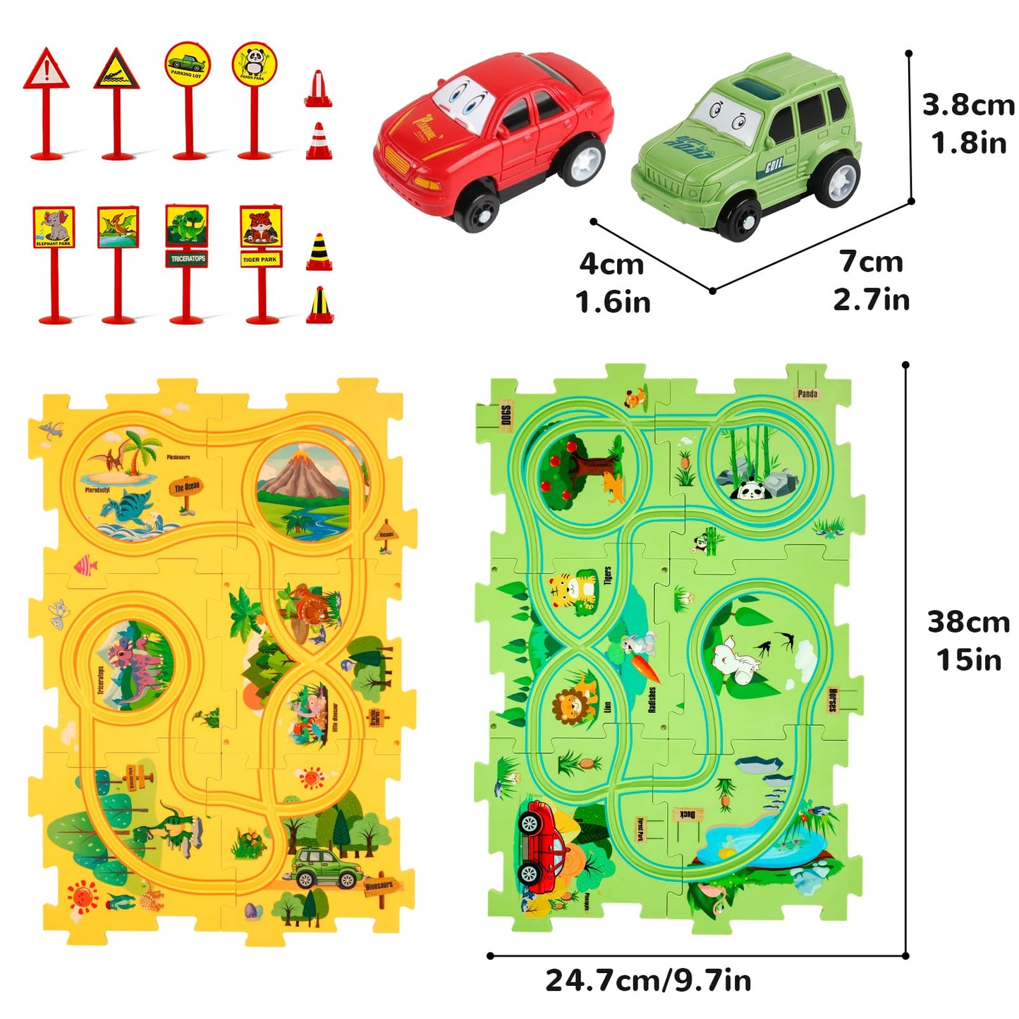 YOOYID Plastic Floor Puzzles for Kids Ages 3-5 with 2 Cute Vehicles, Race Tracks for Kids 3-5, Puzzle Racer Kids Car Track Set, Toys for 3 4 5 6 Year Old Boys Girls, STEM Toys for Kids