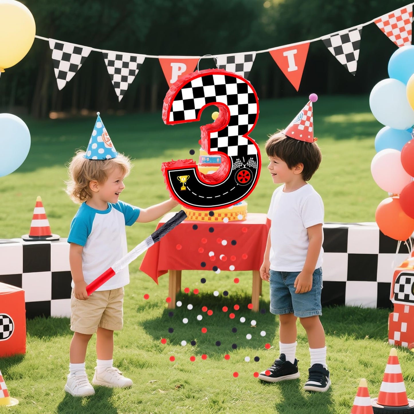 16 Inch Number 3 Race Car Pinata with 16 Inch Piñata Stick Blindfold Confetti for Boy Girl Kids 3rd Birthday Party Decorations(3rd)