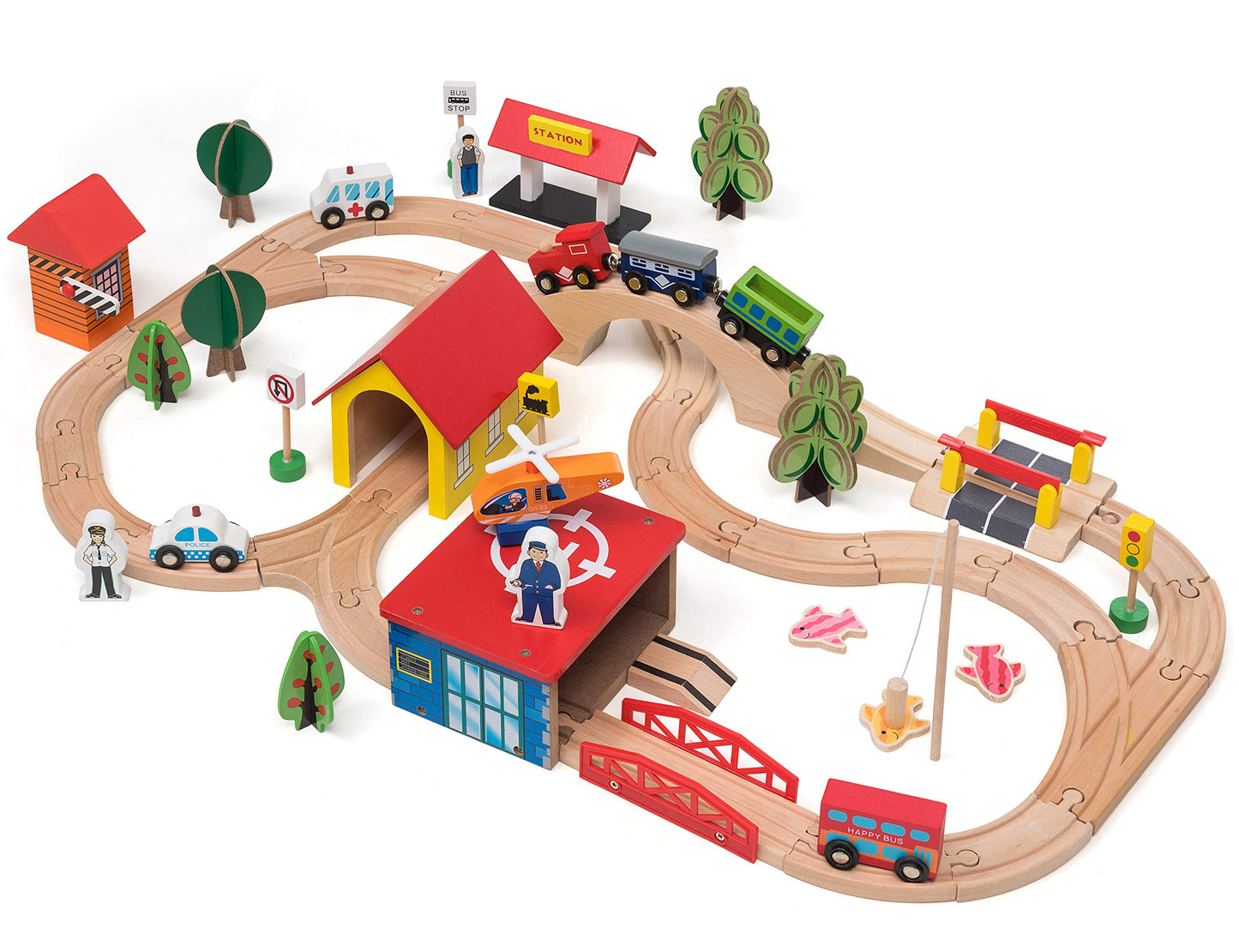 KipiPol Wooden Train Set - 69 Pieces Wooden Train Tracks & Trains for Kids, Toddler Boys and Girls 3,4,5 Years Old and Up– Premium Wood Construction Toys -Fits Thomas, Brio, IKEA, Melissa and Doug
