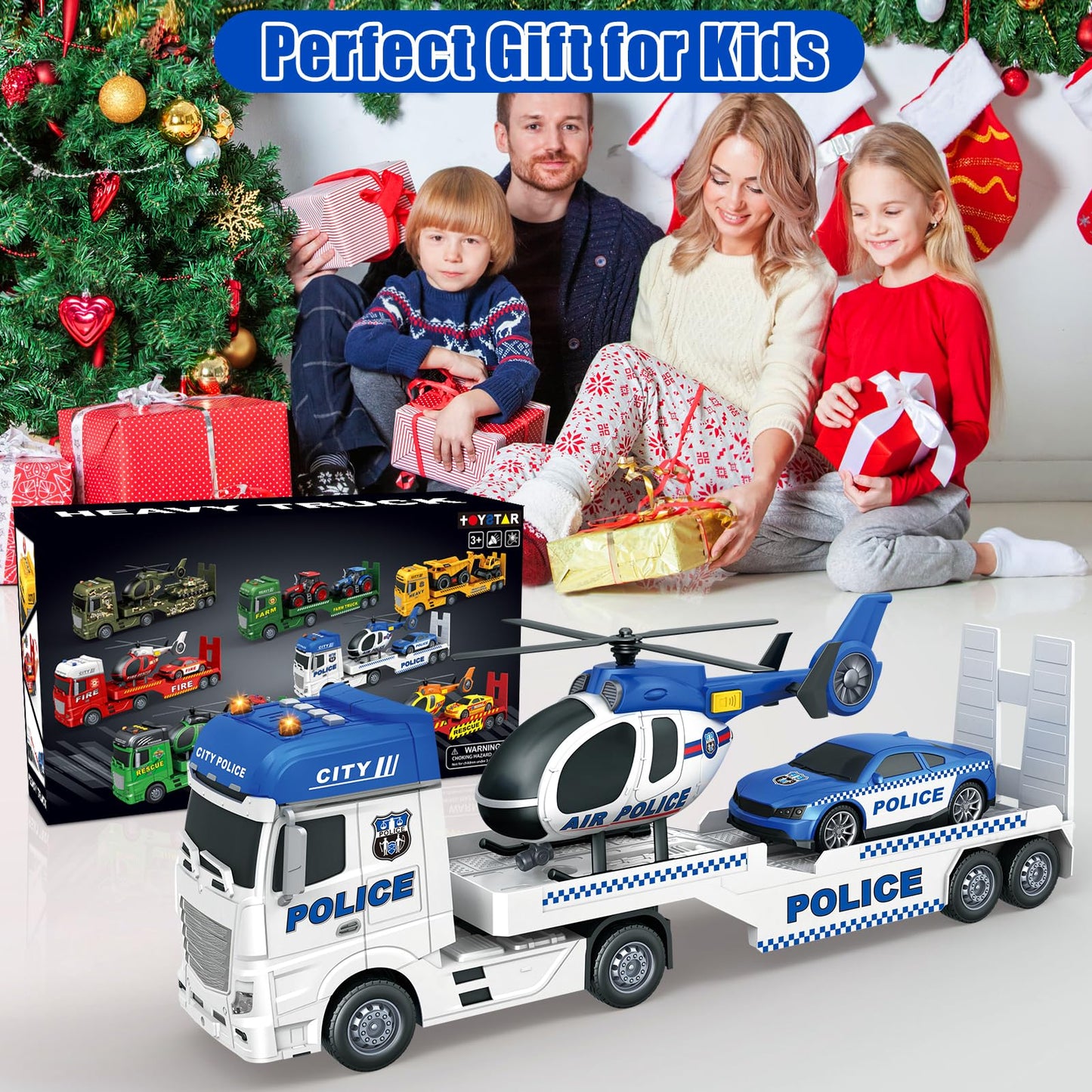 Yiwsnust Police Truck Toy 25.6" Large Semi Truck with Racing Car and Helicopter, Kids Police Car Toys with Light & Sound, Play Vehicles Cars Toys Birthday Gift for Toddler Boys Age 3 4 5 6