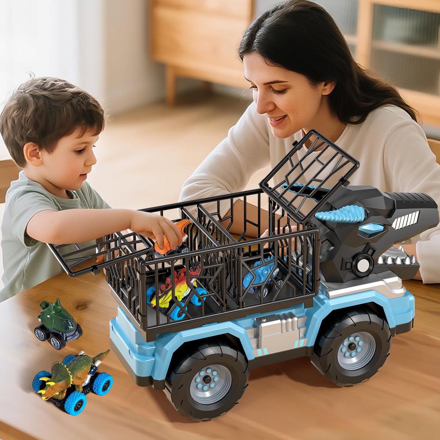 Guminnara Toddler Robot Dinosaur Truck Toys for Kids Boys Ages 3-5 5-7, Black Carrier Dinosaur Truck with 5 Pull Back Dino Cars, 3 4 5 6 7 Years Old Boys Girls Birthday