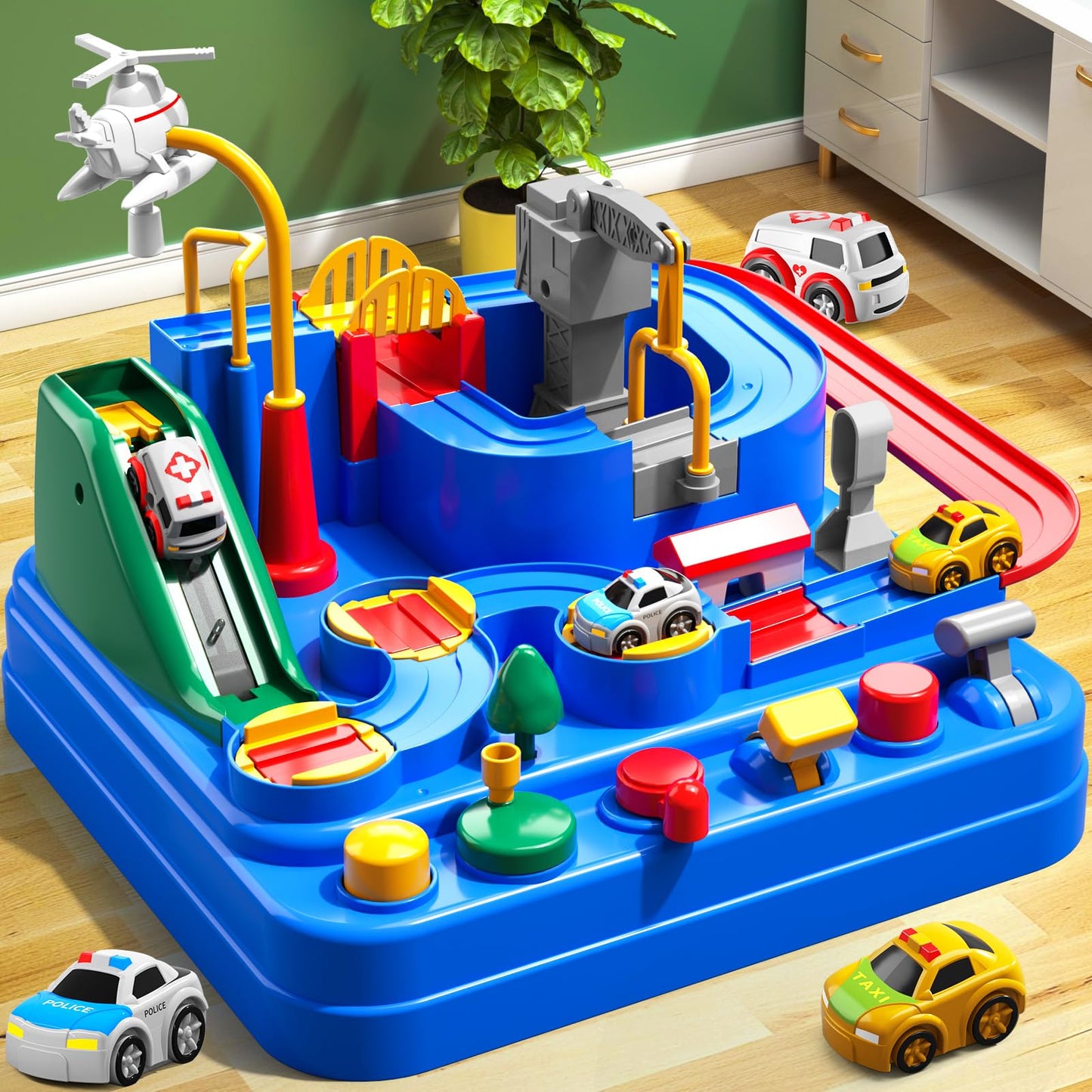 KIZONLY Car Race Track for Kids Ages 3+, Kids Car Toys for 3 Year Old Boys, Race Track for Toddlers 3+, City with 3 Small Cars and Helicopter, Educational Birthday Gifts