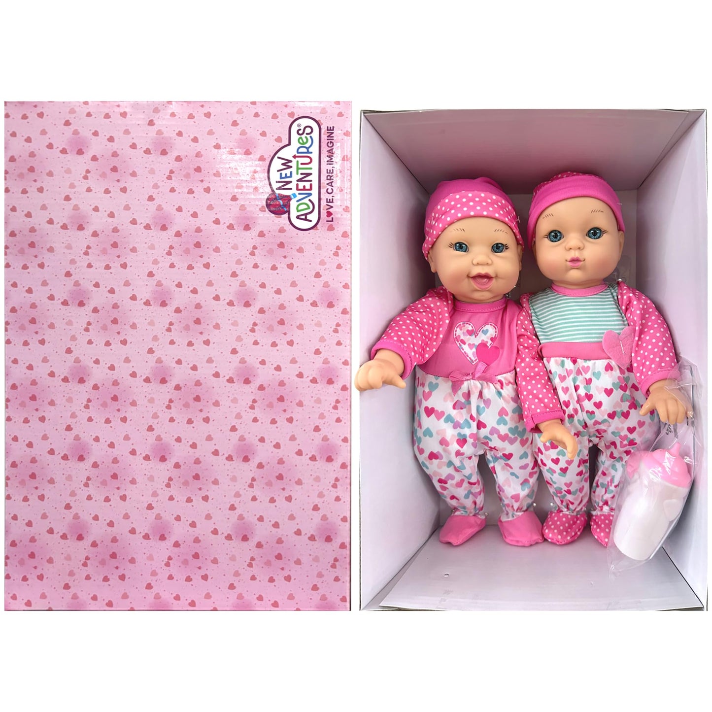Little Darlings: 12" Talking Twins - Pink, Teal, Hearts - 2 Soft Body Baby Dolls, Make 12 Sounds, 2 Bottles, New Adventures, Toddler & Kids Ages 2+