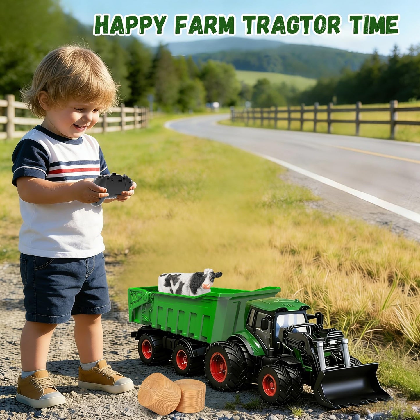 YKTrevok Remote Control Tractor Toy with Trailer | 2-in-1 8-to-4 Wheel Convertible Front Loader Tractor, Openable Doors & Hood with Lights, Farm Animals & Hay Bales, Gift for Kids Ages 3-9