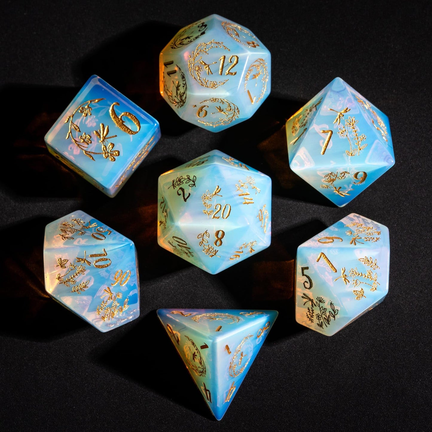 UDIXI Opal Stone DND Dice Set, 7PCS Gemstone Dice Set D&D with Gift Case for Role Playing Games and Tabletop Games (Dragonfly and Flower)