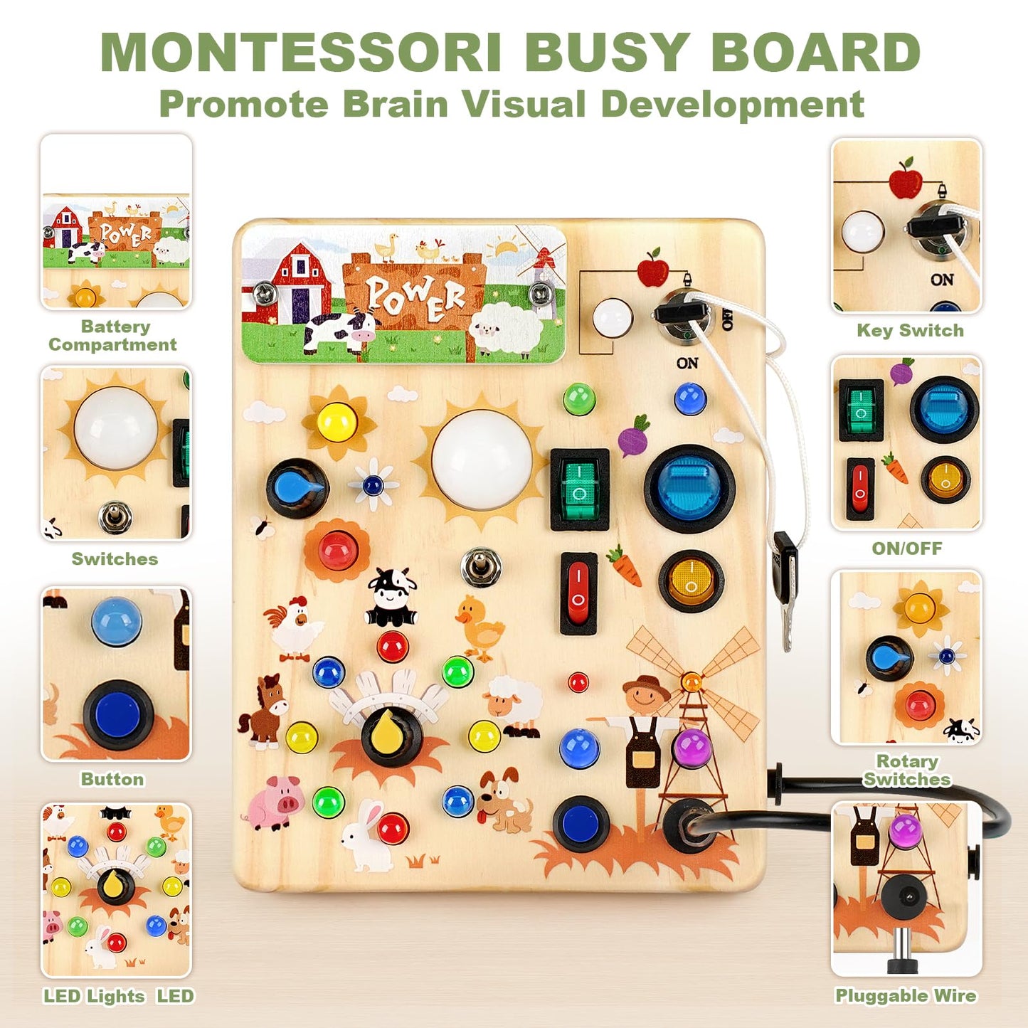 Busy Board for Toddlers 1-3 - Montessori Educational Sensory Toy with 10 Switches & 19 Lights, Activity Board for Fine Motor Skills, Travel Toys for 1+ Year Old Boy & Girl Birthday Gift(Farm Theme)